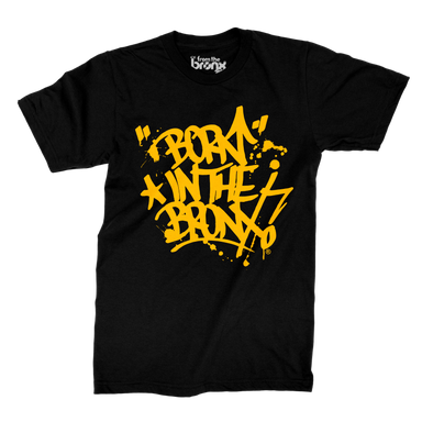 "Born" in The Bronx! Paint Splatter T-Shirt Front in Gold on Black