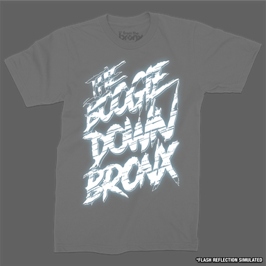 Boogie Down Bronx Reflective T-Shirt Front in White with Simulated Reflection