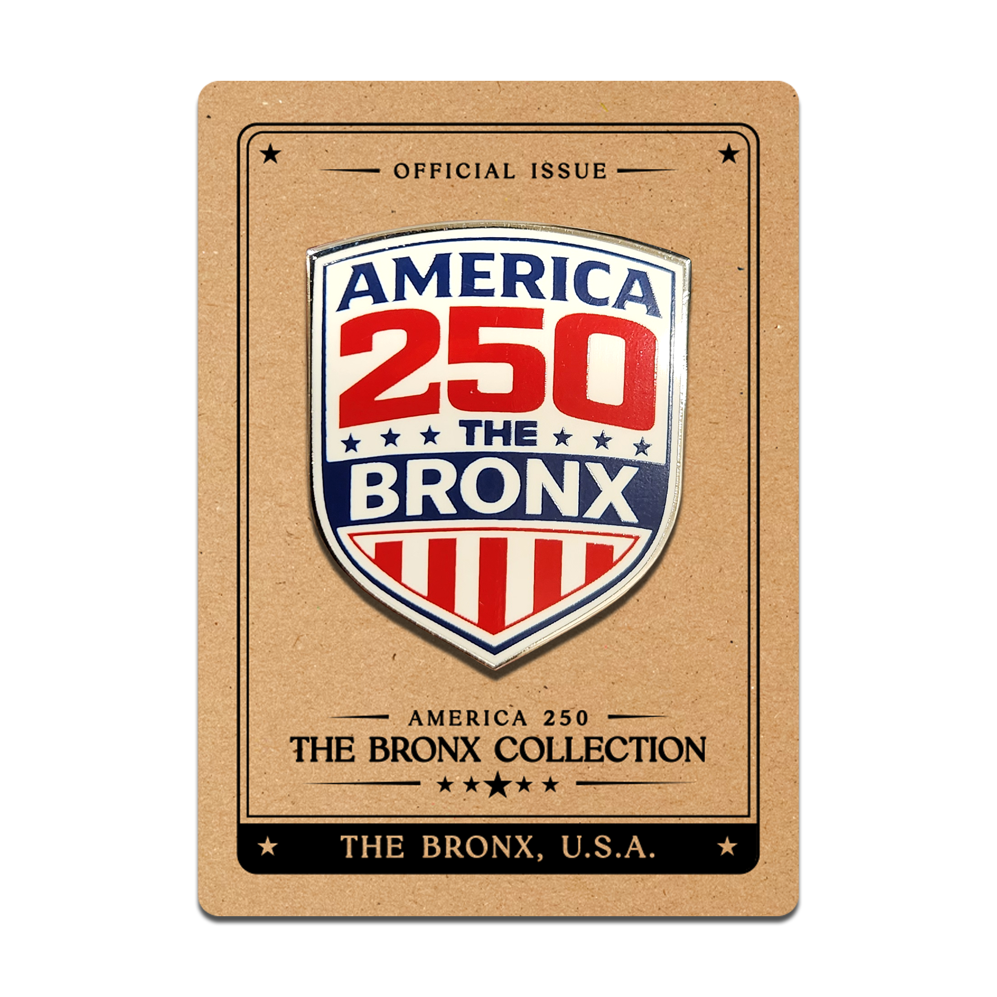 America 250: The Bronx hard enamel pin displayed on its commemorative backing card
