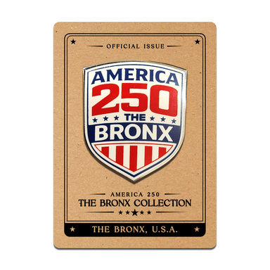 America 250: The Bronx hard enamel pin displayed on its commemorative backing card