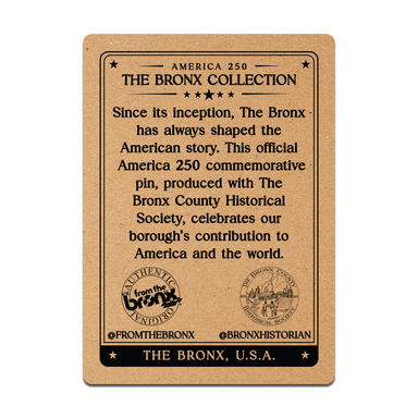 Close-up of the America 250: The Bronx hard enamel pin design