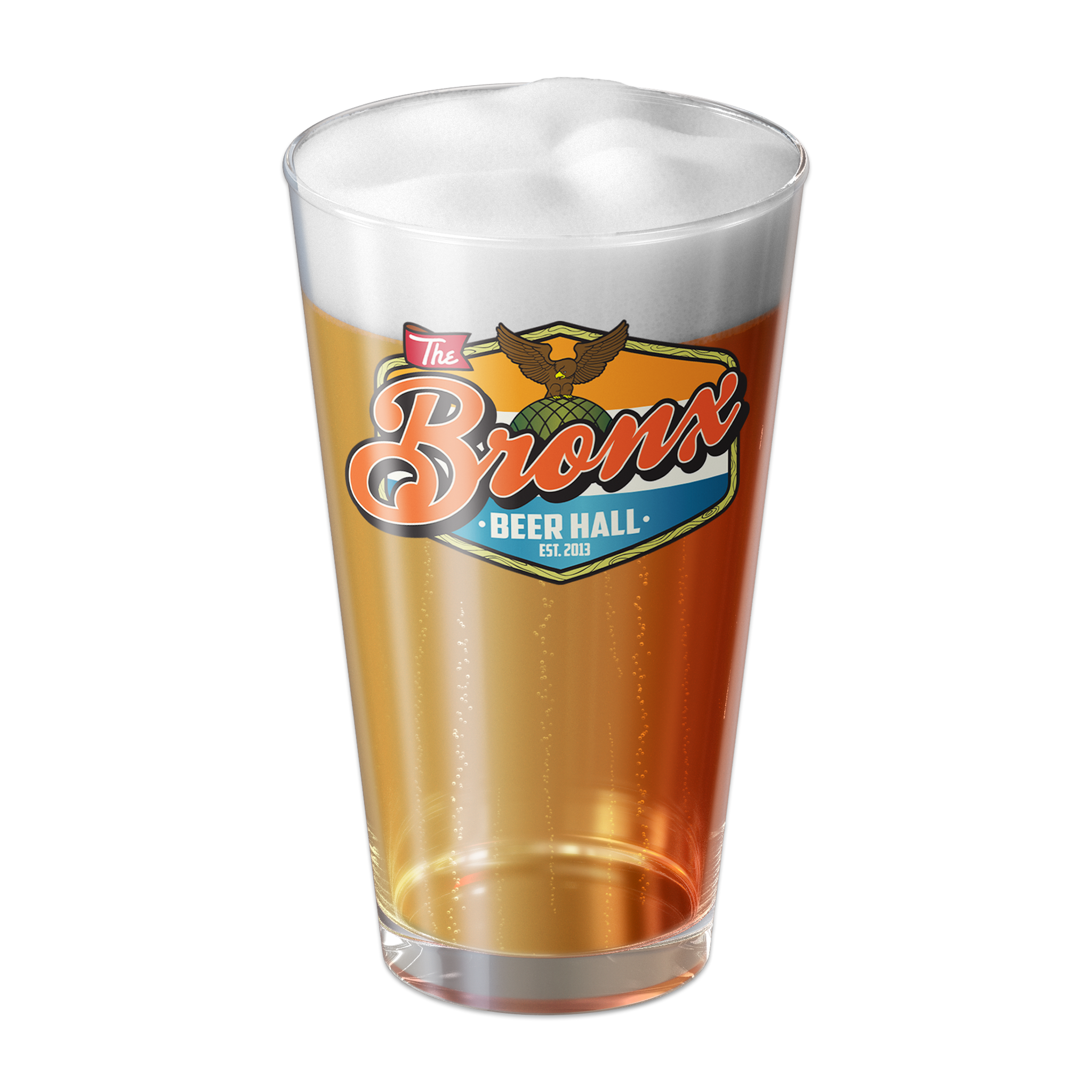 Bronx Beer Hall Pint Glass with Full Color Logo Full of Beer