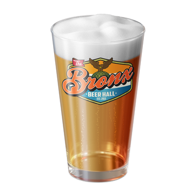 Bronx Beer Hall Pint Glass with Full Color Logo Full of Beer