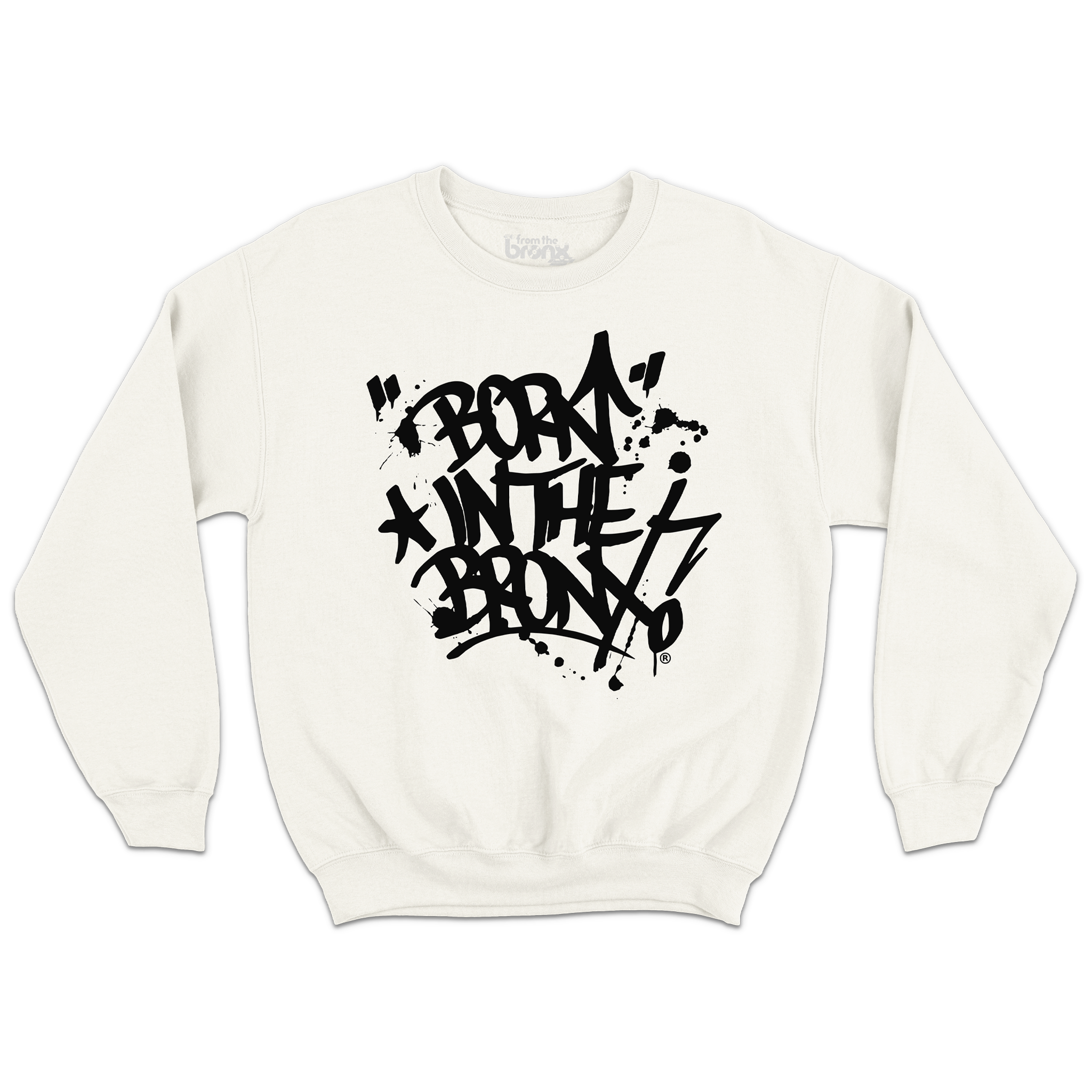 "Born" in The Bronx! Paint Splatter T-Shirt Front in Black on Bone White