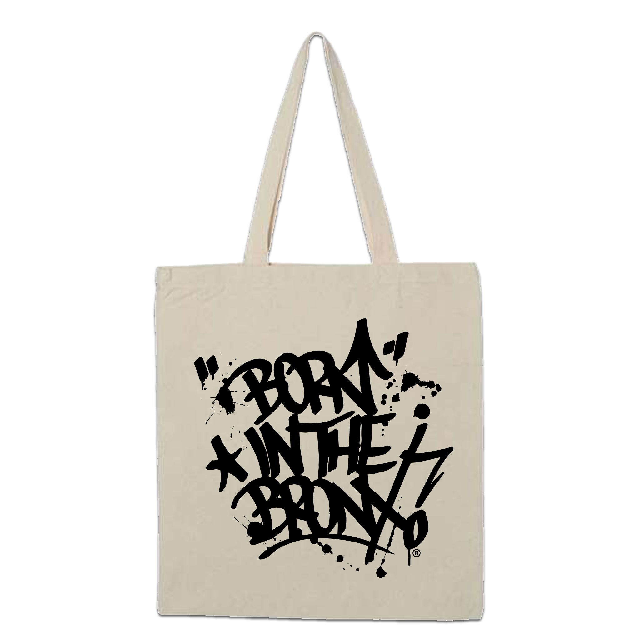 "Born" in The Bronx! Paint Splatter Tote Front in Black on Natural