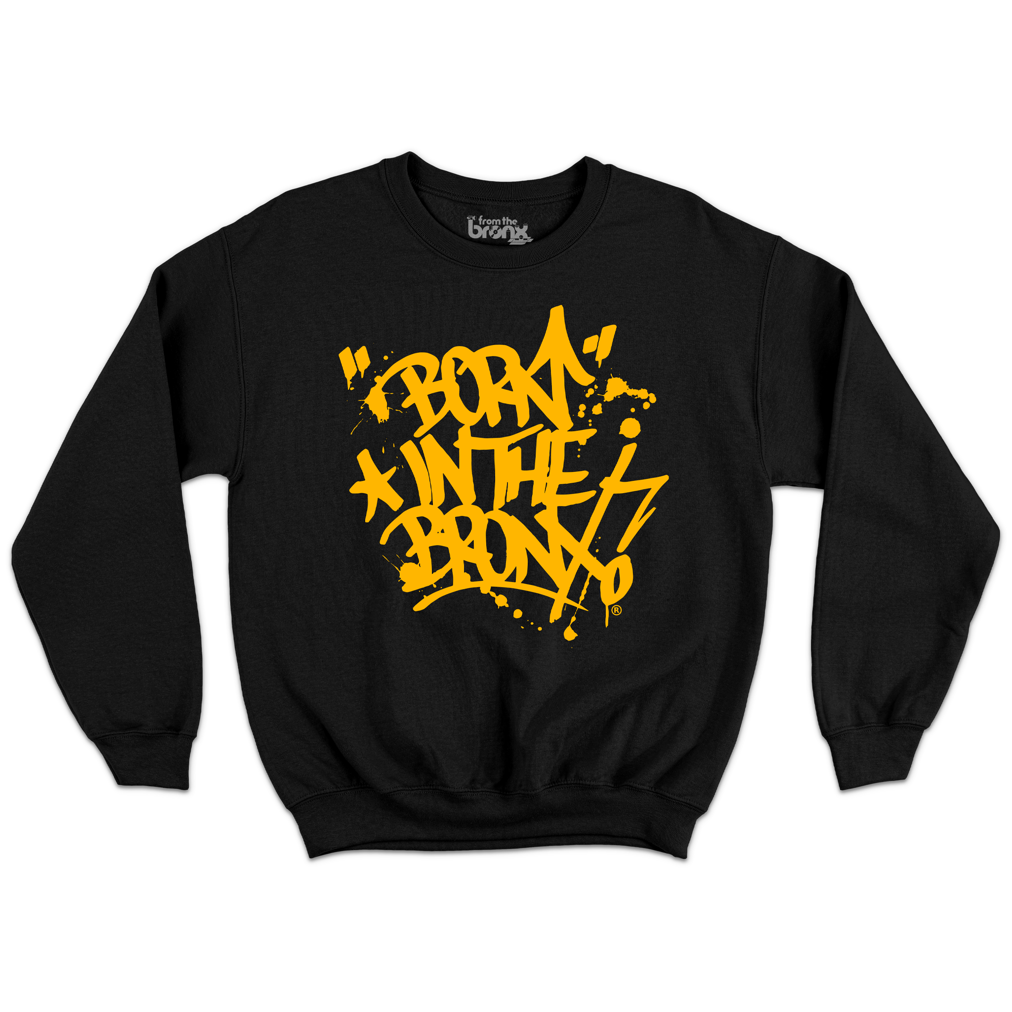 "Born" in The Bronx! Paint Splatter T-Shirt Front in Gold on Black