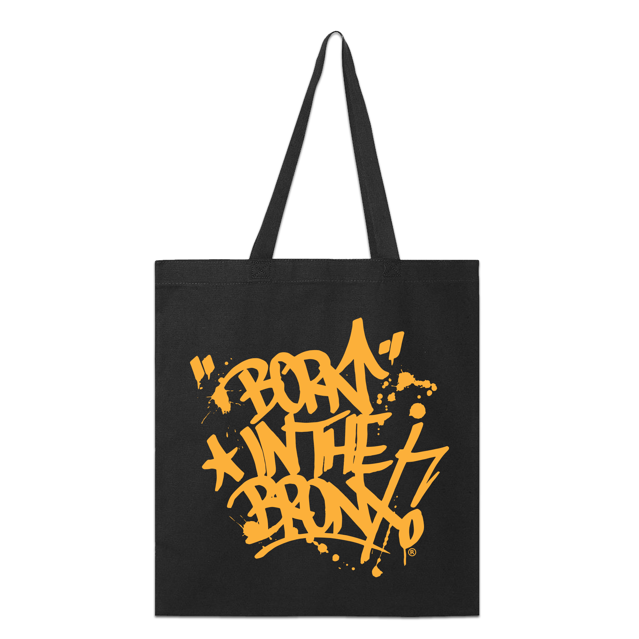 "Born" in The Bronx! Paint Splatter Tote Front in Gold on Black 