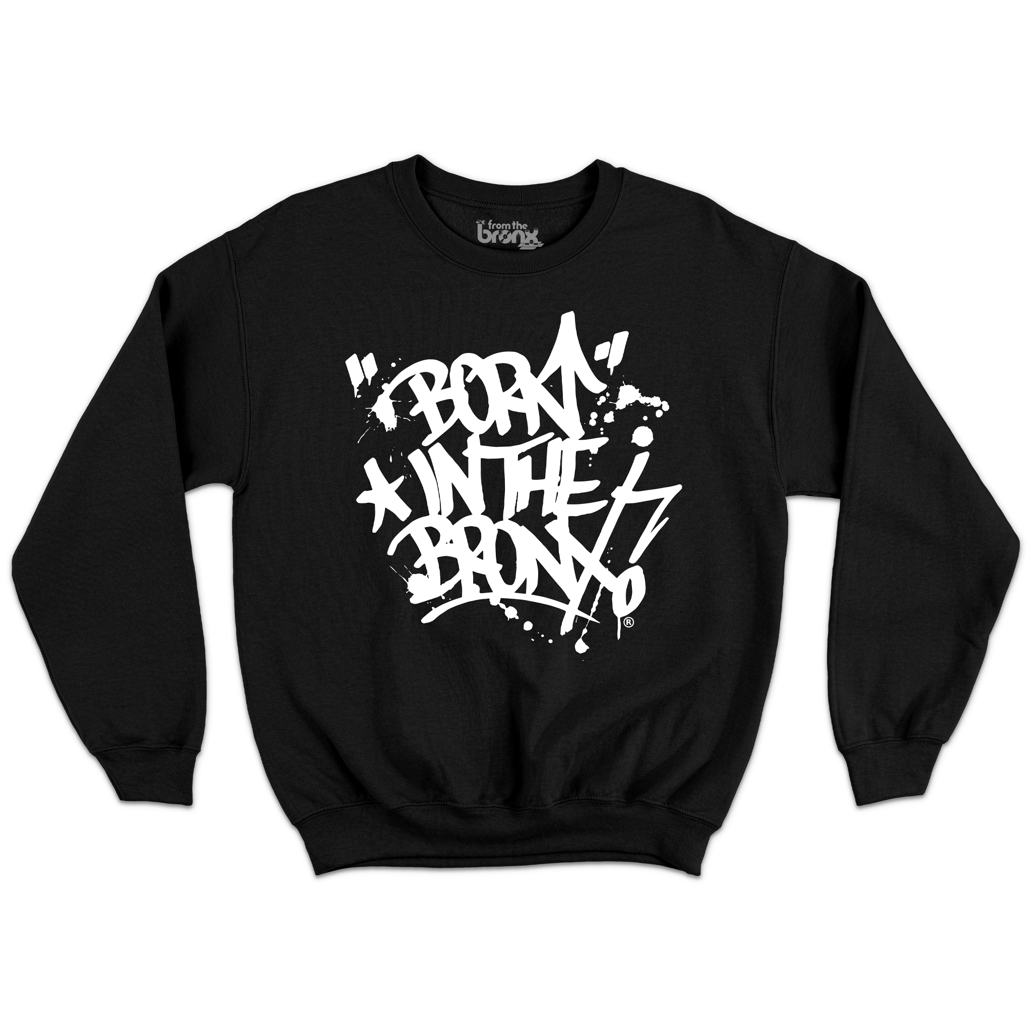 "Born" in The Bronx! Paint Splatter T-Shirt Front in White on Black