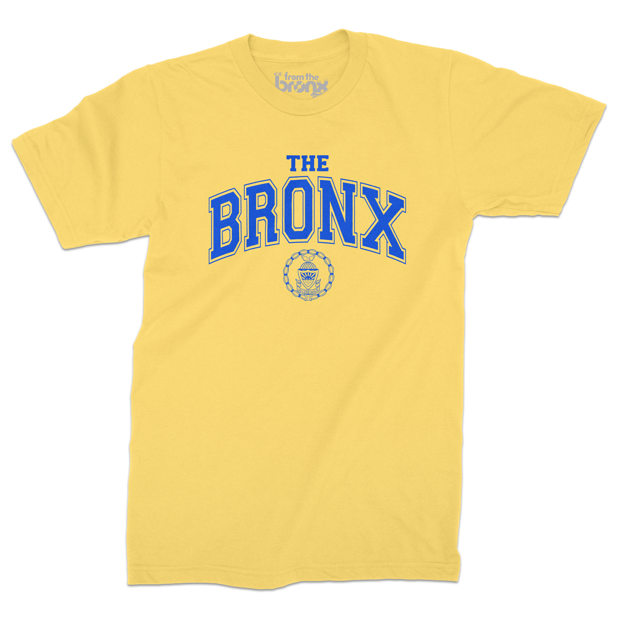 Bronx Collegiate Banana Yellow T-Shirt (Blue Logo) Front