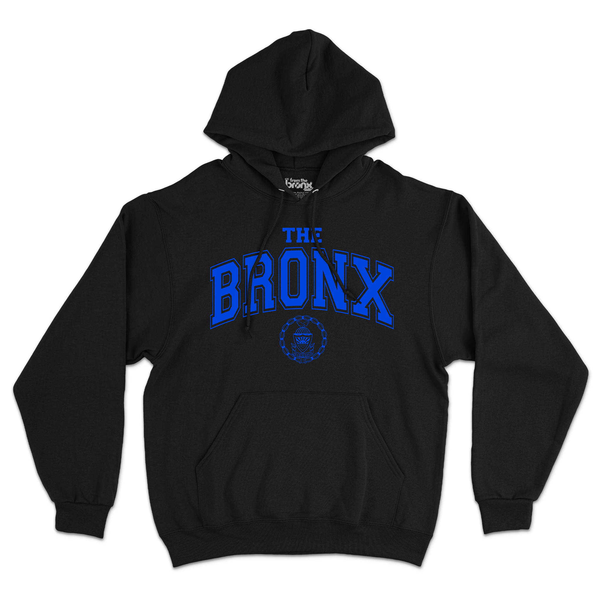 Bronx Collegiate Hoodie Black with Blue Design Front