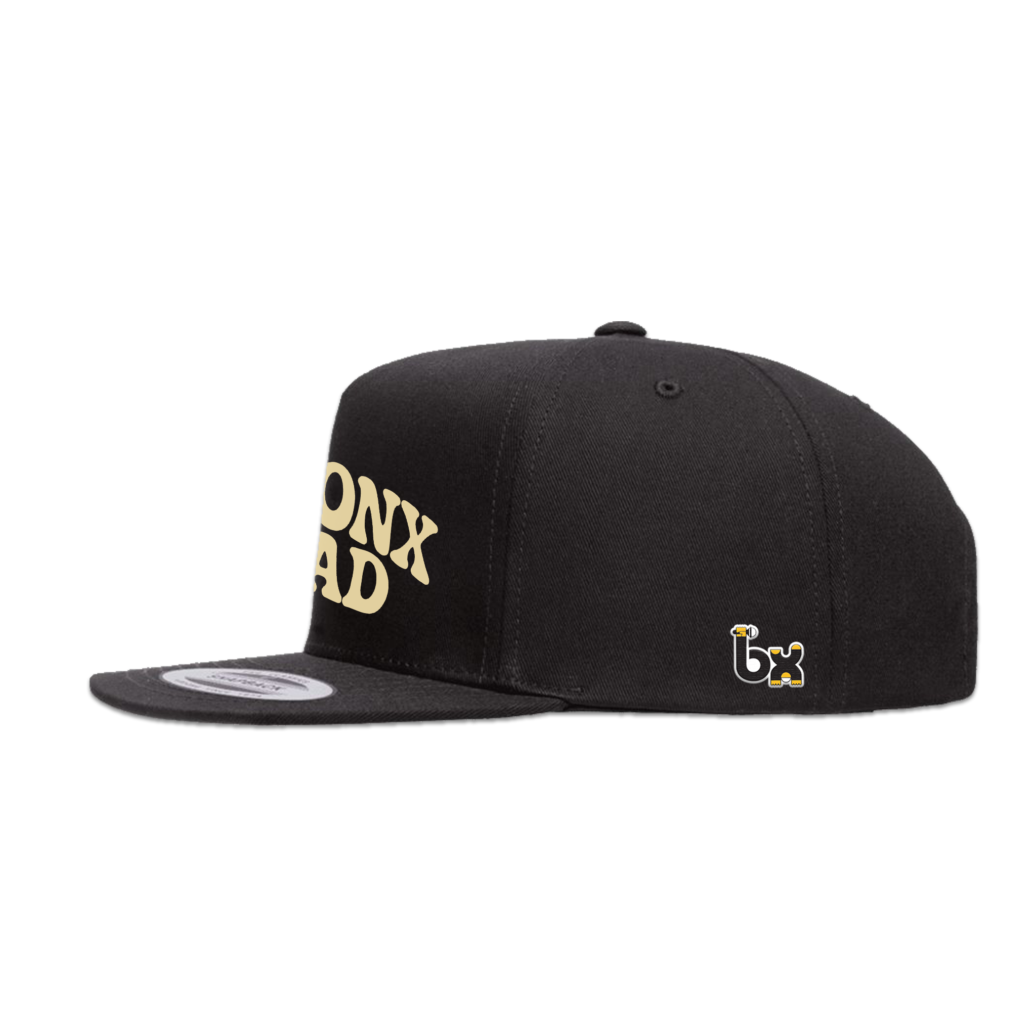 Bronx Dad Snapback Hat Black with Beige Text Side