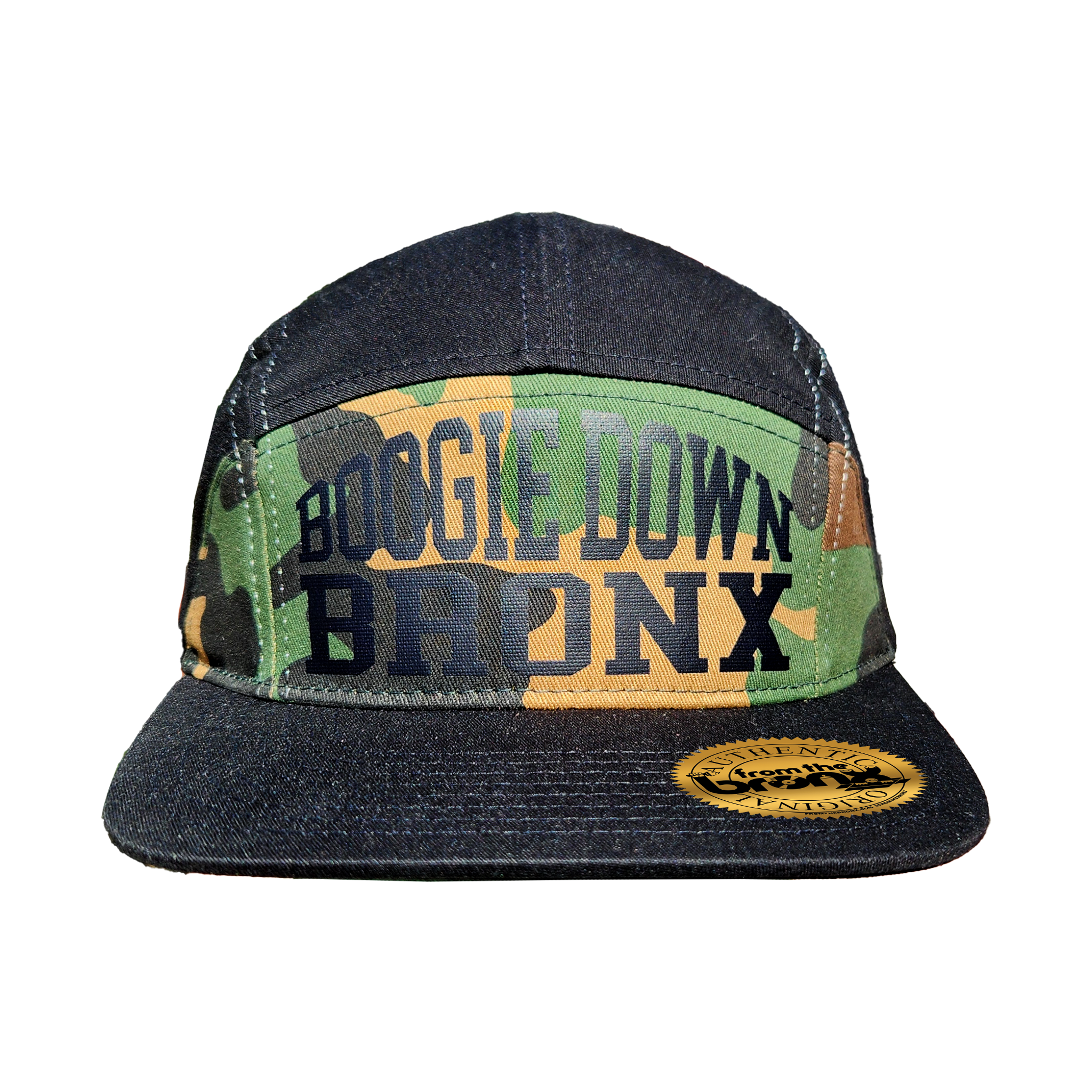 Boogie Down Bronx Camo/Black 7-Panel Hat (Black Logo) Front