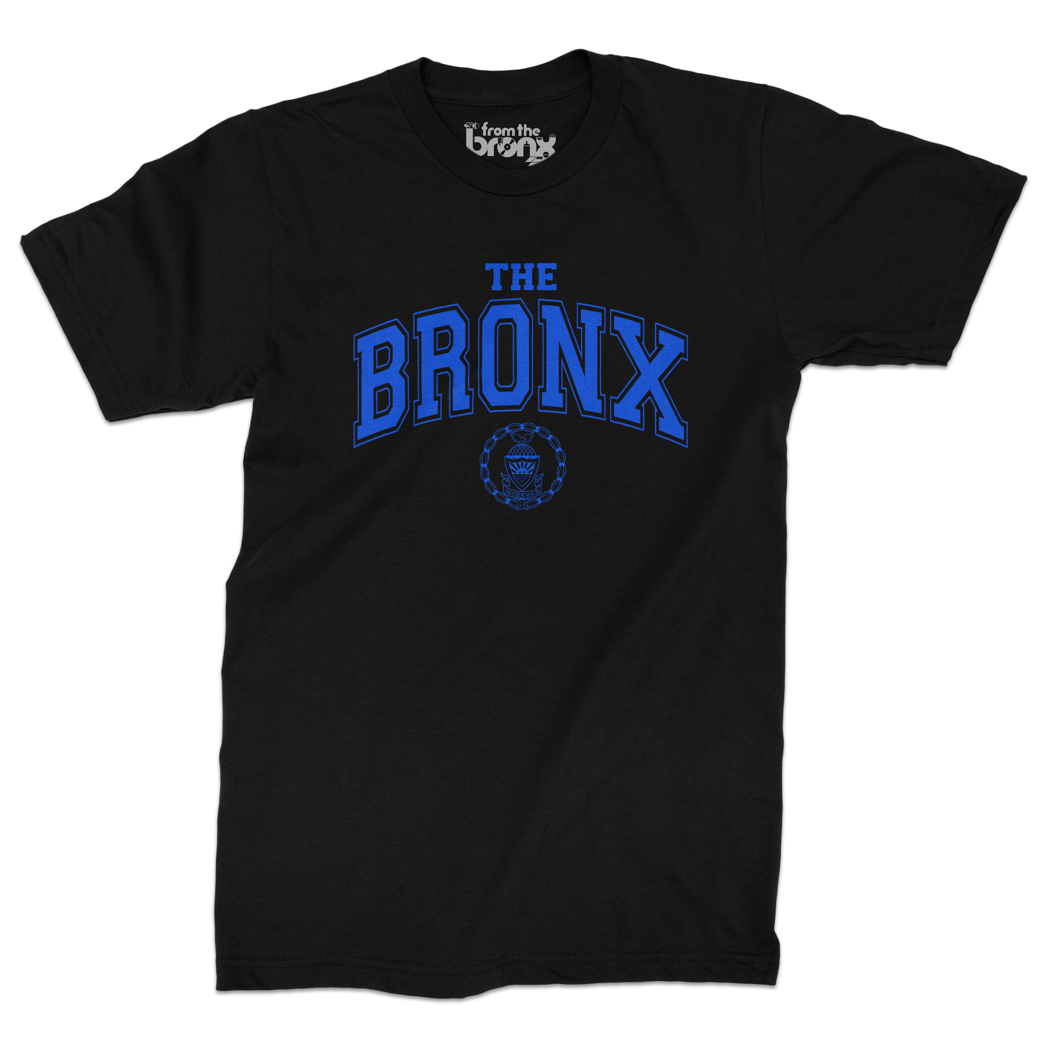 Bronx Collegiate Black T-Shirt (Blue Logo) Front