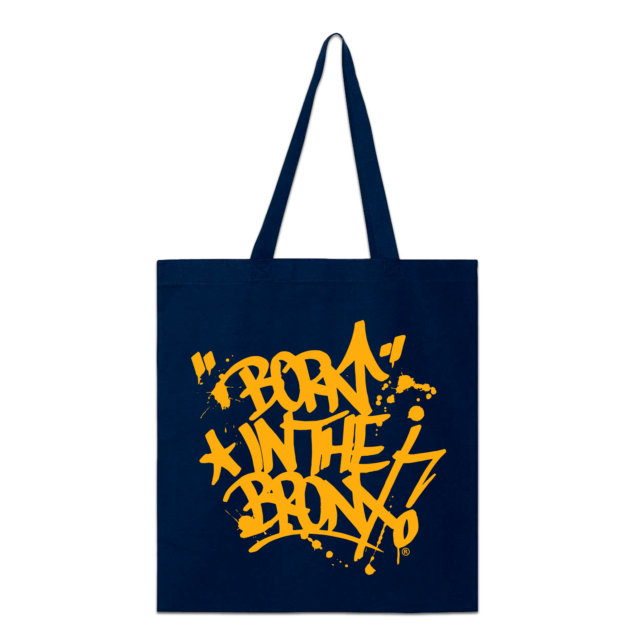 "Born" in The Bronx! Paint Splatter Tote Front in Gold on Navy Blue
