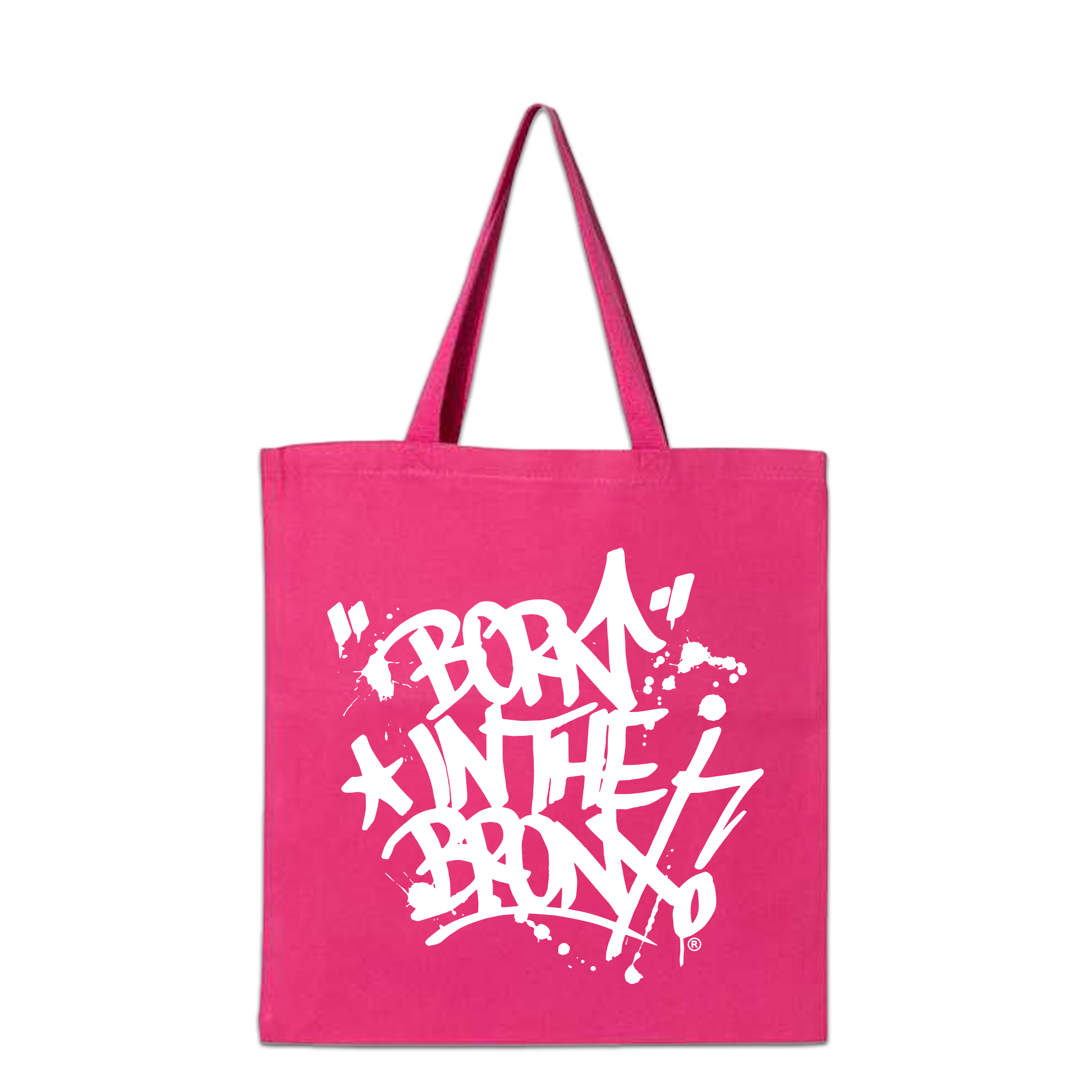 "Born" in The Bronx! Paint Splatter Tote Front in White on Pink