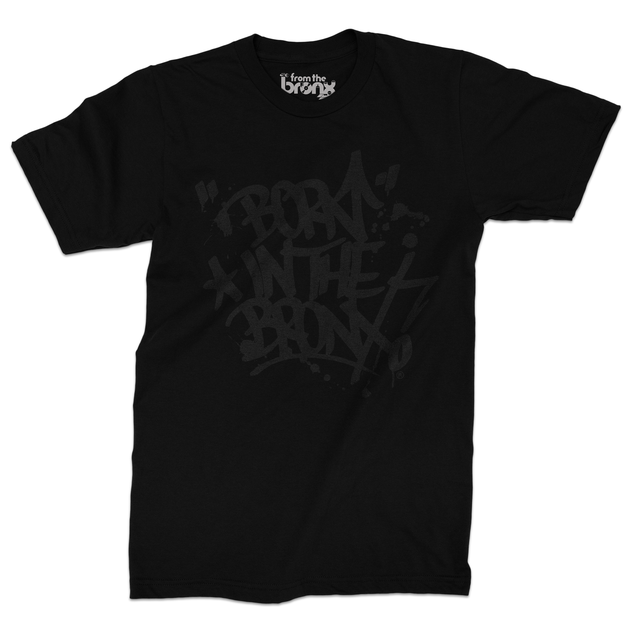 "Born" in The Bronx! Paint Splatter Black T-Shirt (Black Logo) Front