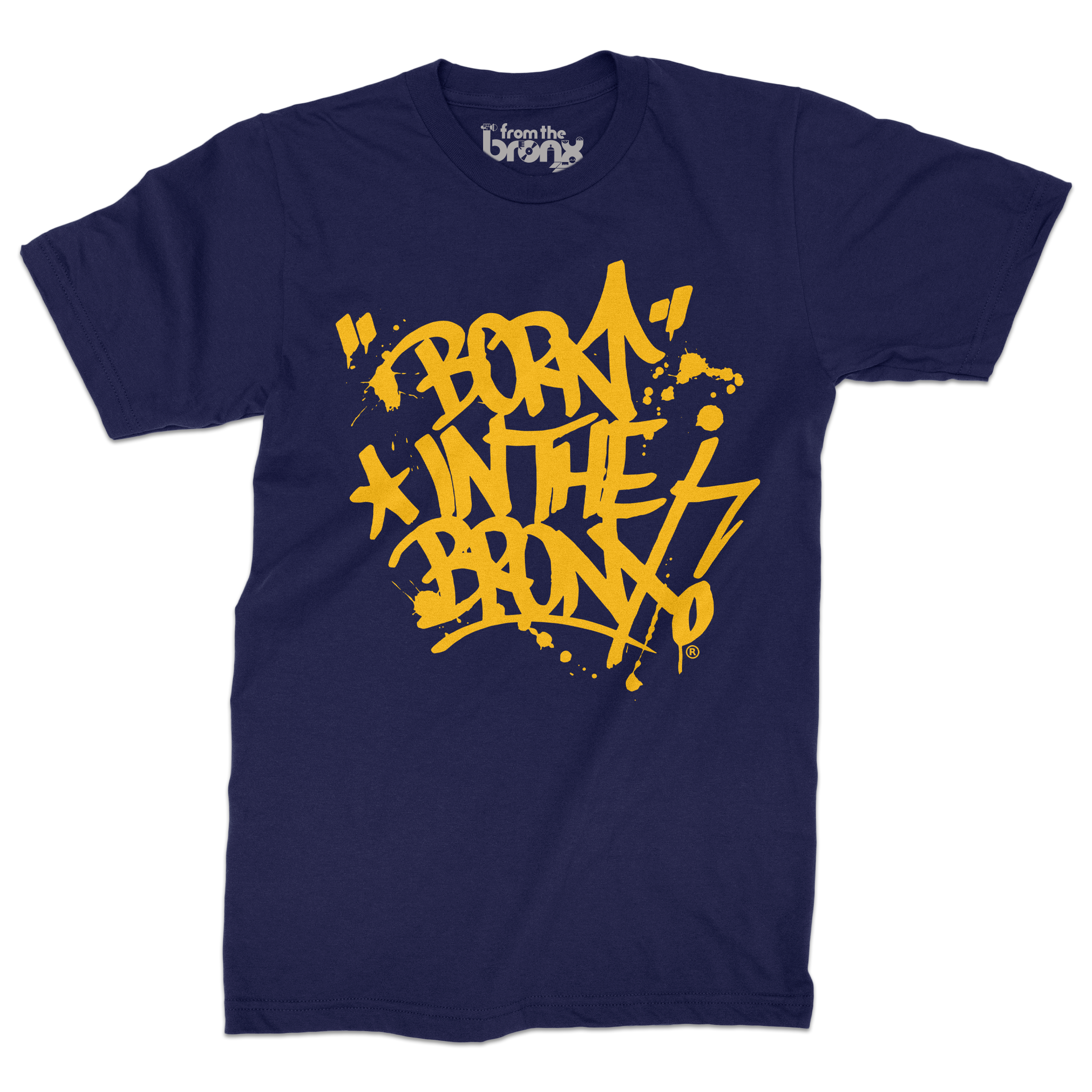 "Born" in The Bronx! Paint Splatter Navy T-Shirt (Gold Logo) Front