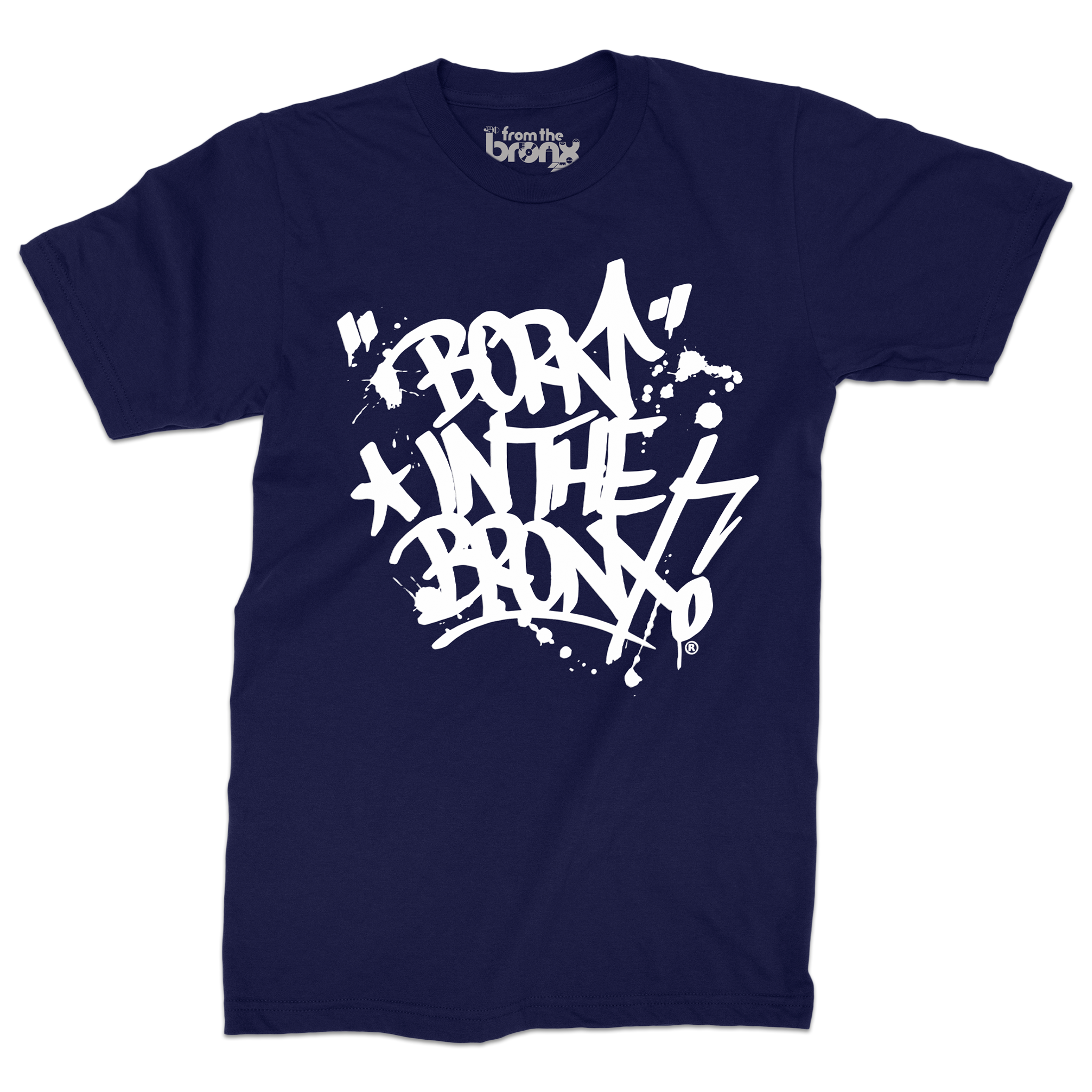"Born" in The Bronx! Paint Splatter Navy T-Shirt (White Logo) Front