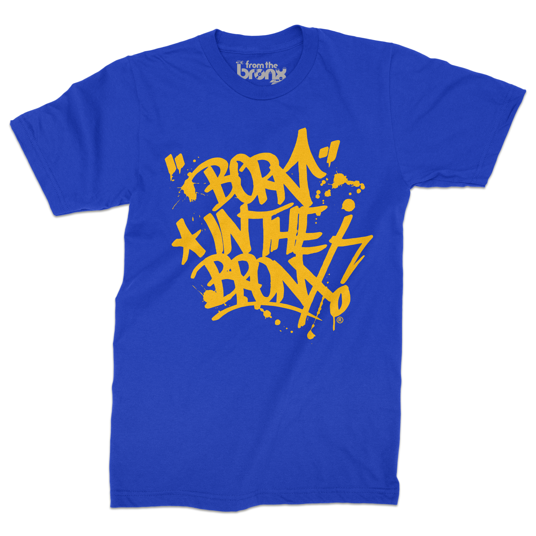"Born" in The Bronx! Paint Splatter Royal Blue T-Shirt (Gold Logo) Front