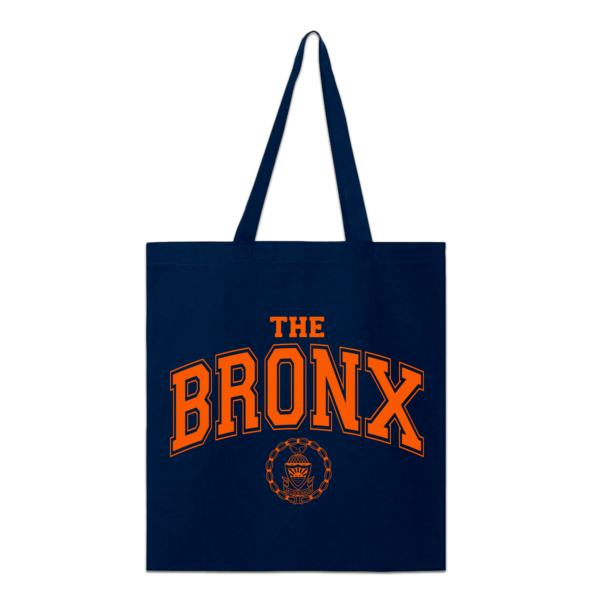 Bronx Collegiate Tote Front in Orange on Navy Blue