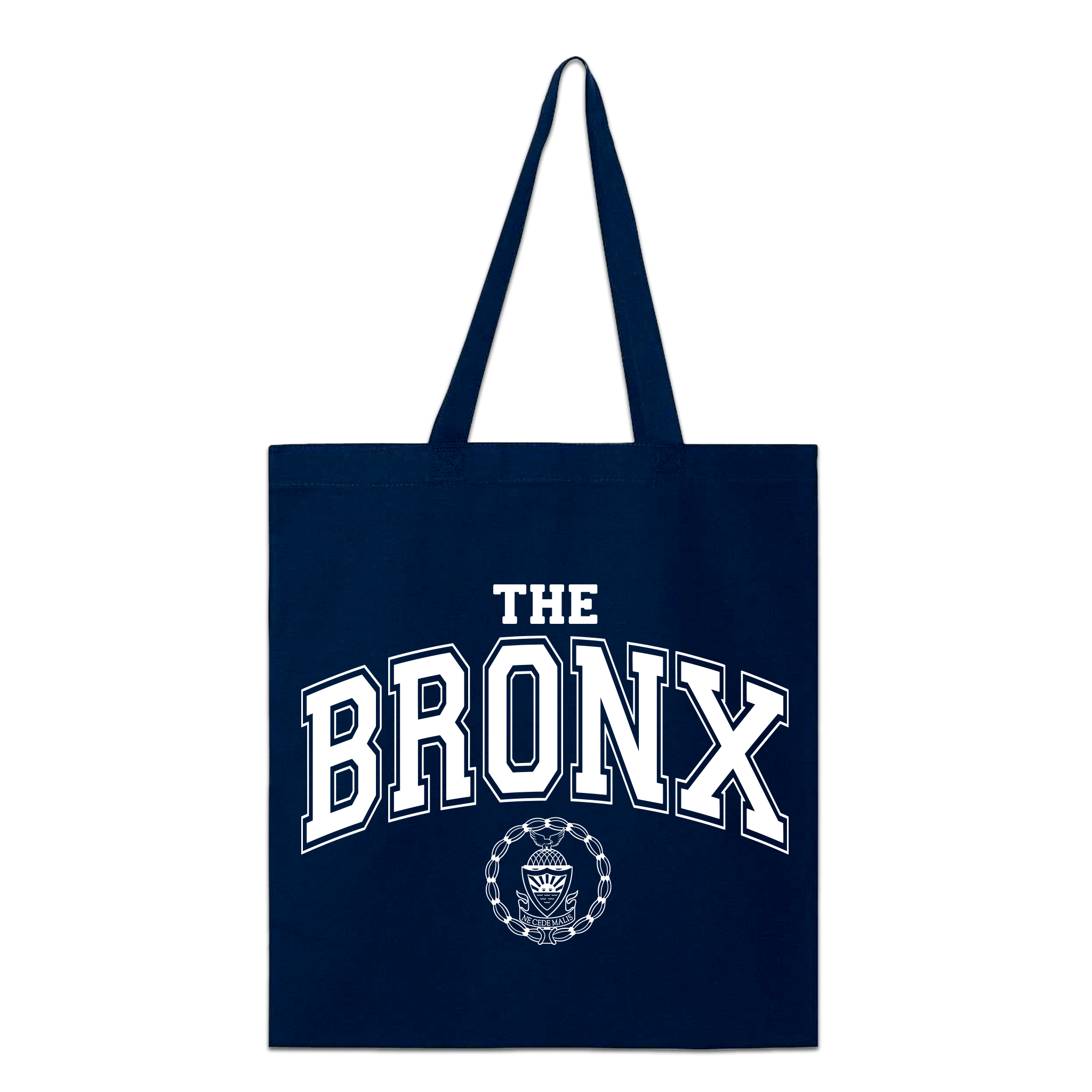 Bronx Collegiate Tote Front in White on Navy Blue