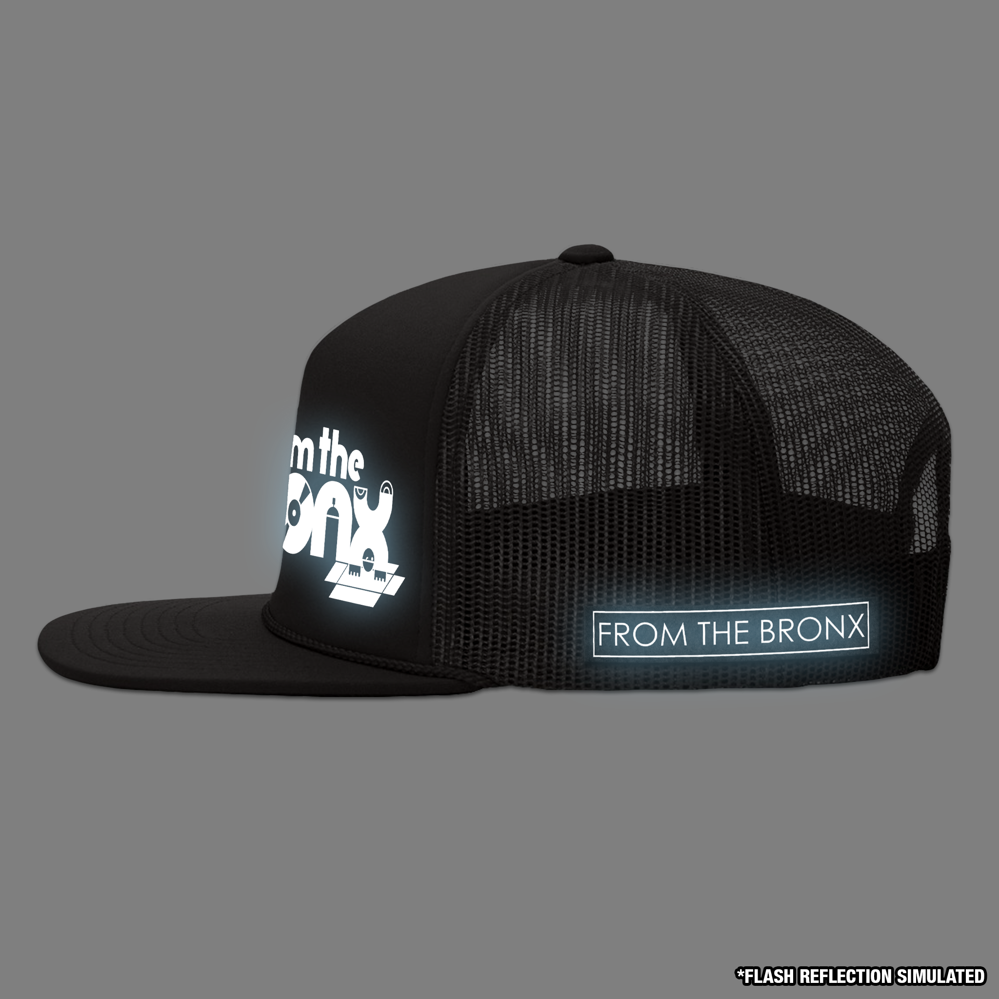 From The Bronx Reflective Logo Trucker Hat Side with Simulated Reflection