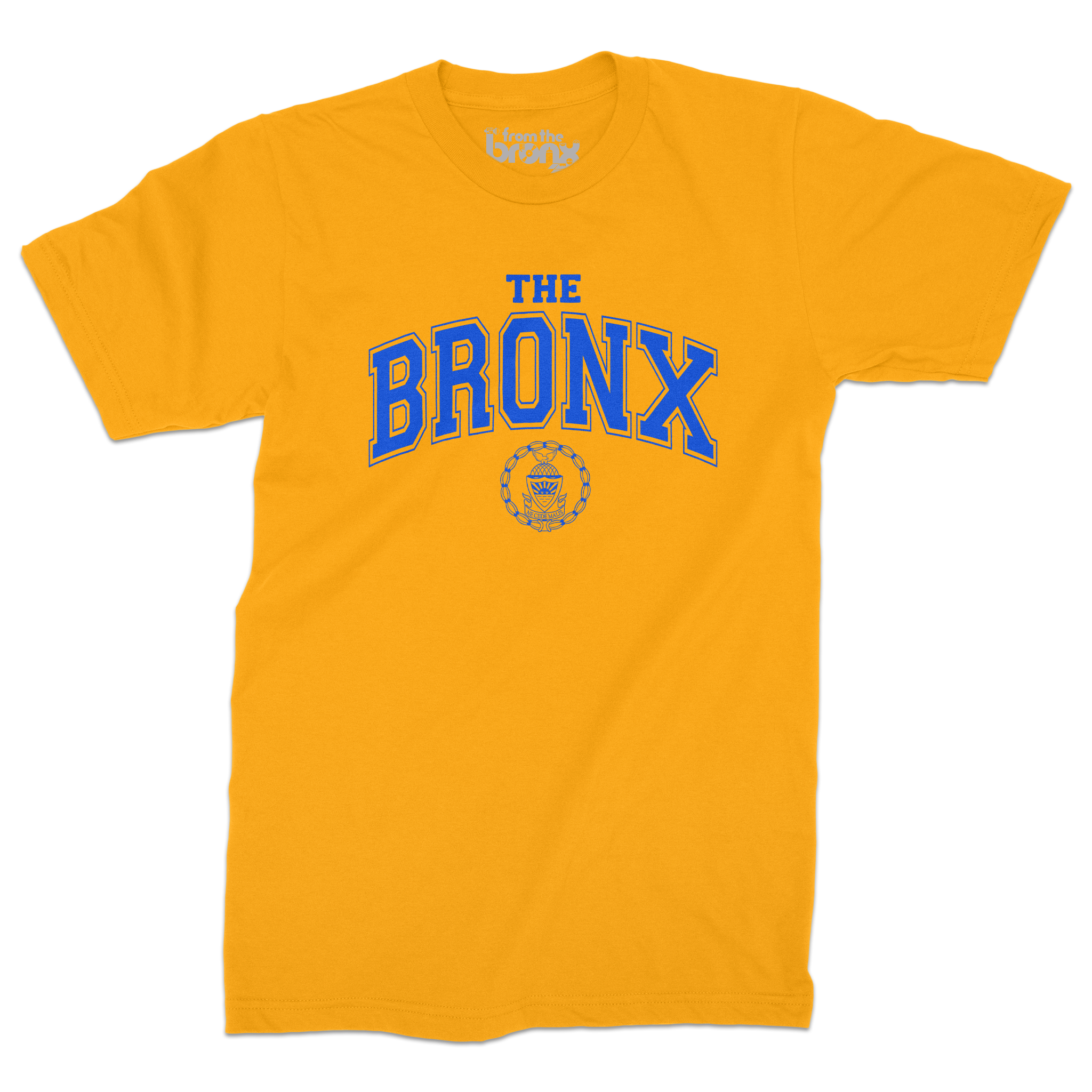 Bronx Collegiate Gold T-Shirt (Blue Logo) Front