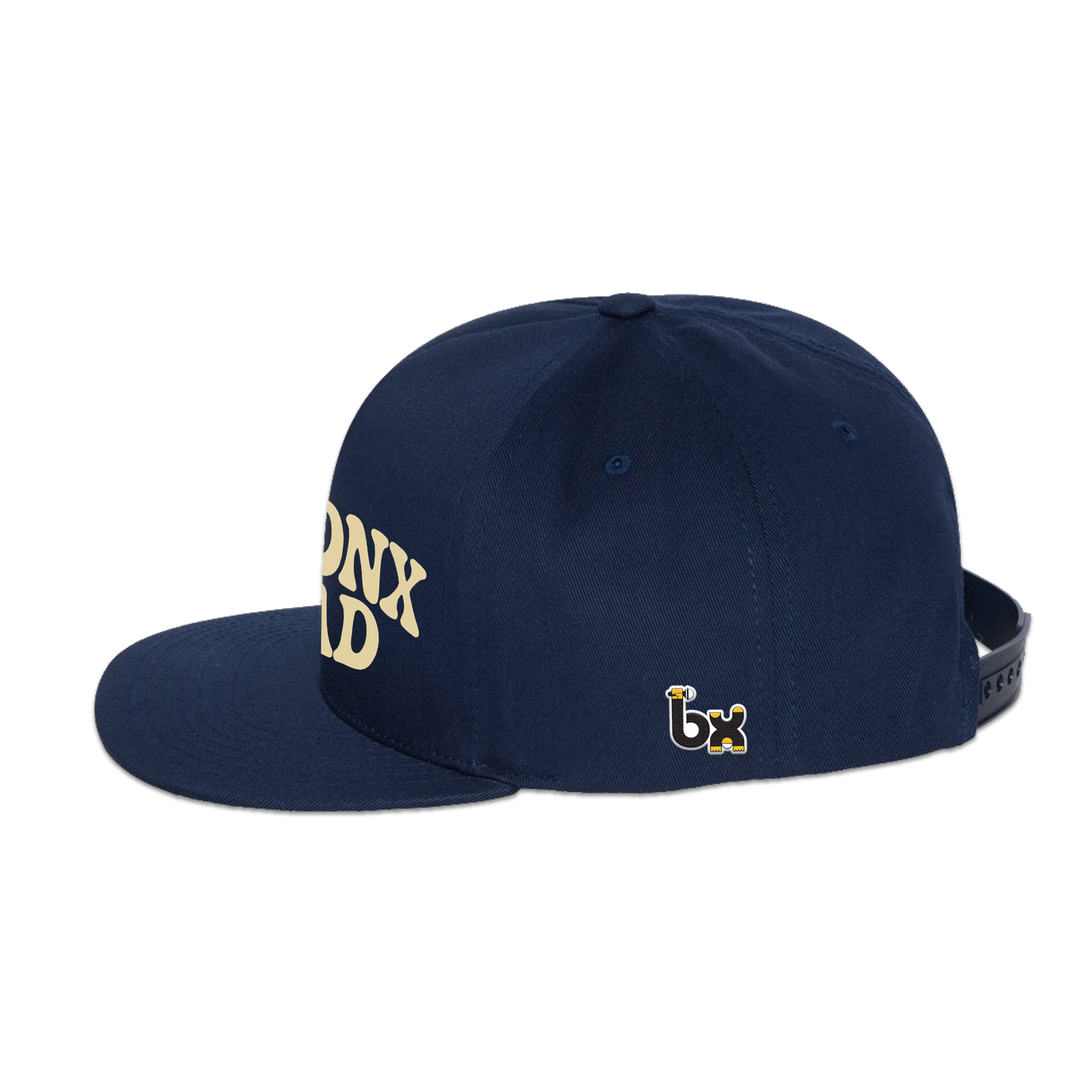 Bronx Dad Snapback Hat Navy Blue with Beige Text Side