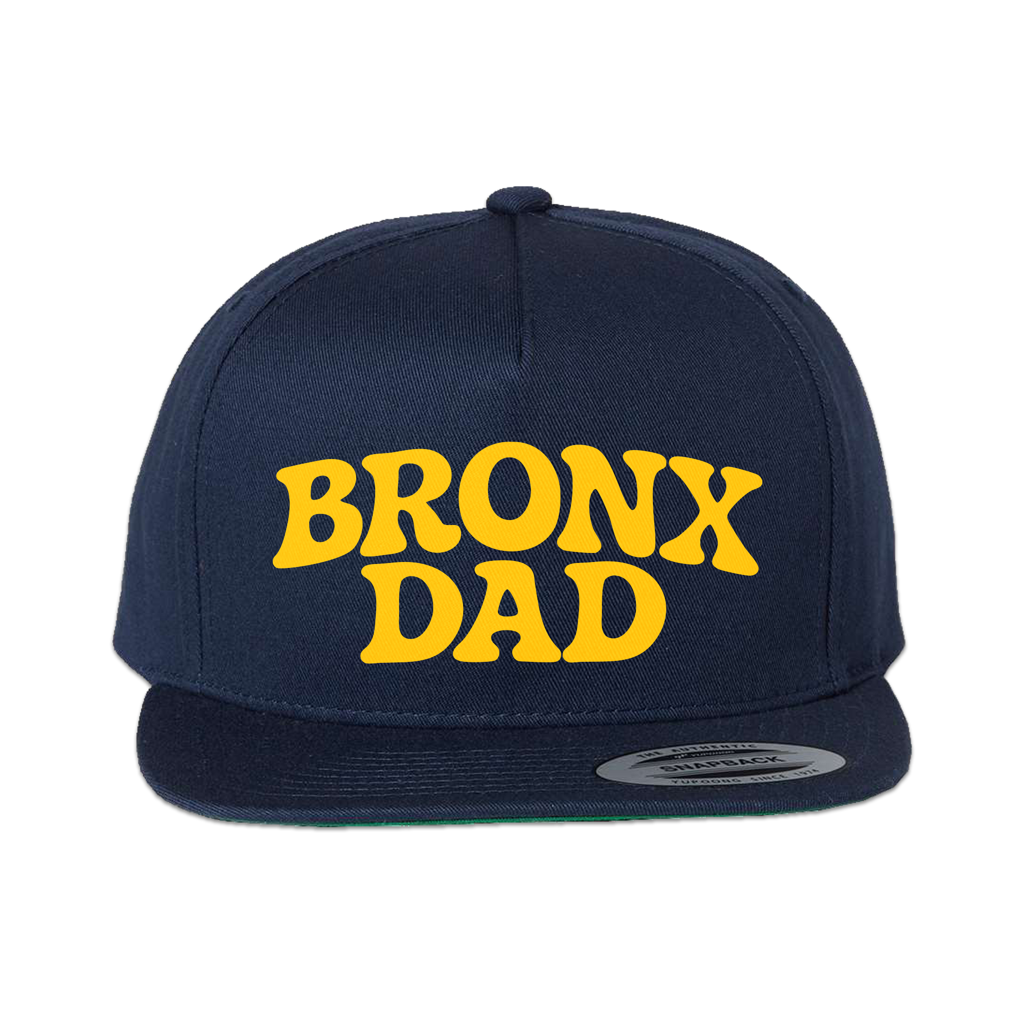 Bronx Dad Snapback Hat Navy Blue with Yellow Text Front