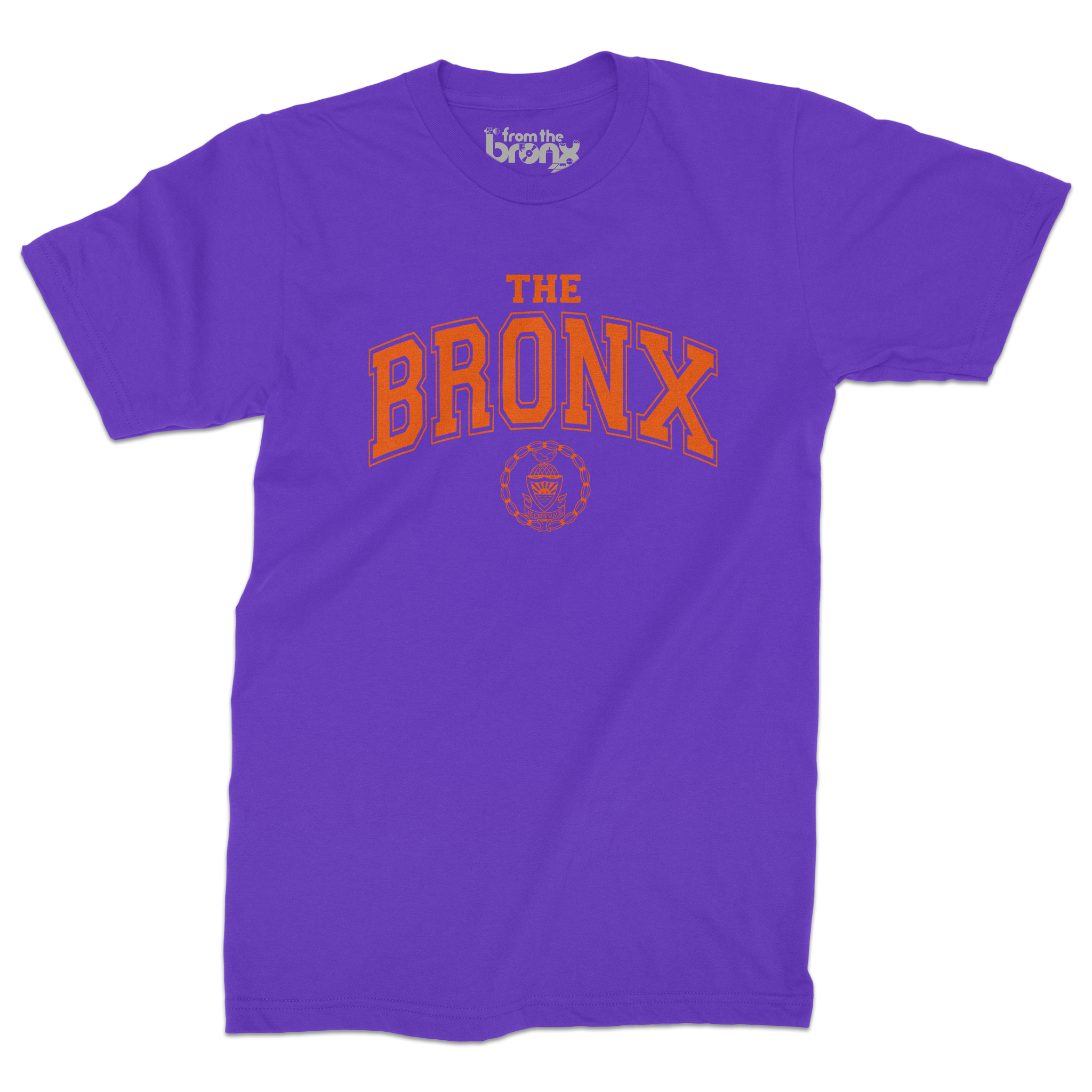 Bronx Collegiate Purple T-Shirt (Orange Logo) Front