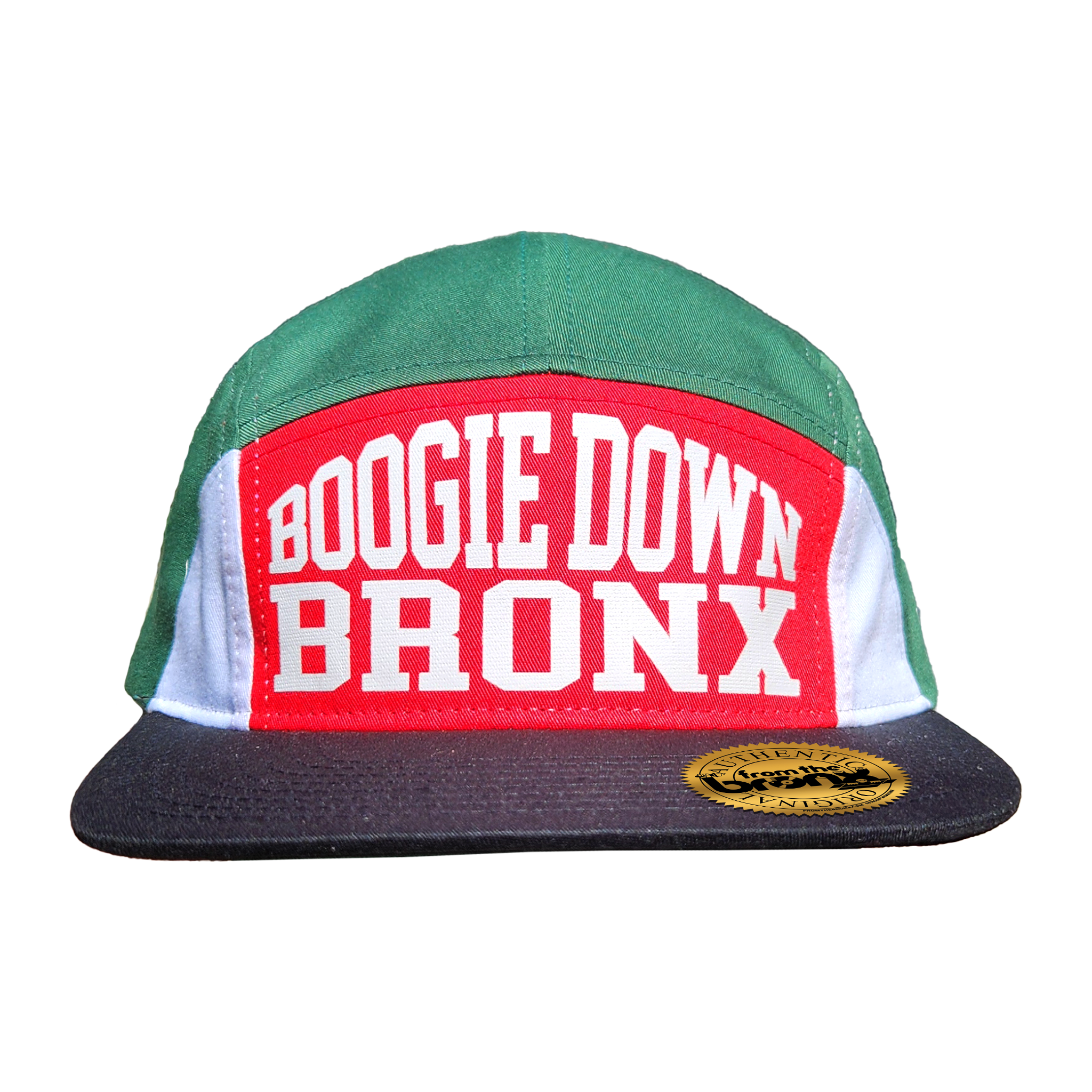 Boogie Down Bronx Green/Red/White/Black 7-Panel Hat (White Logo) Front