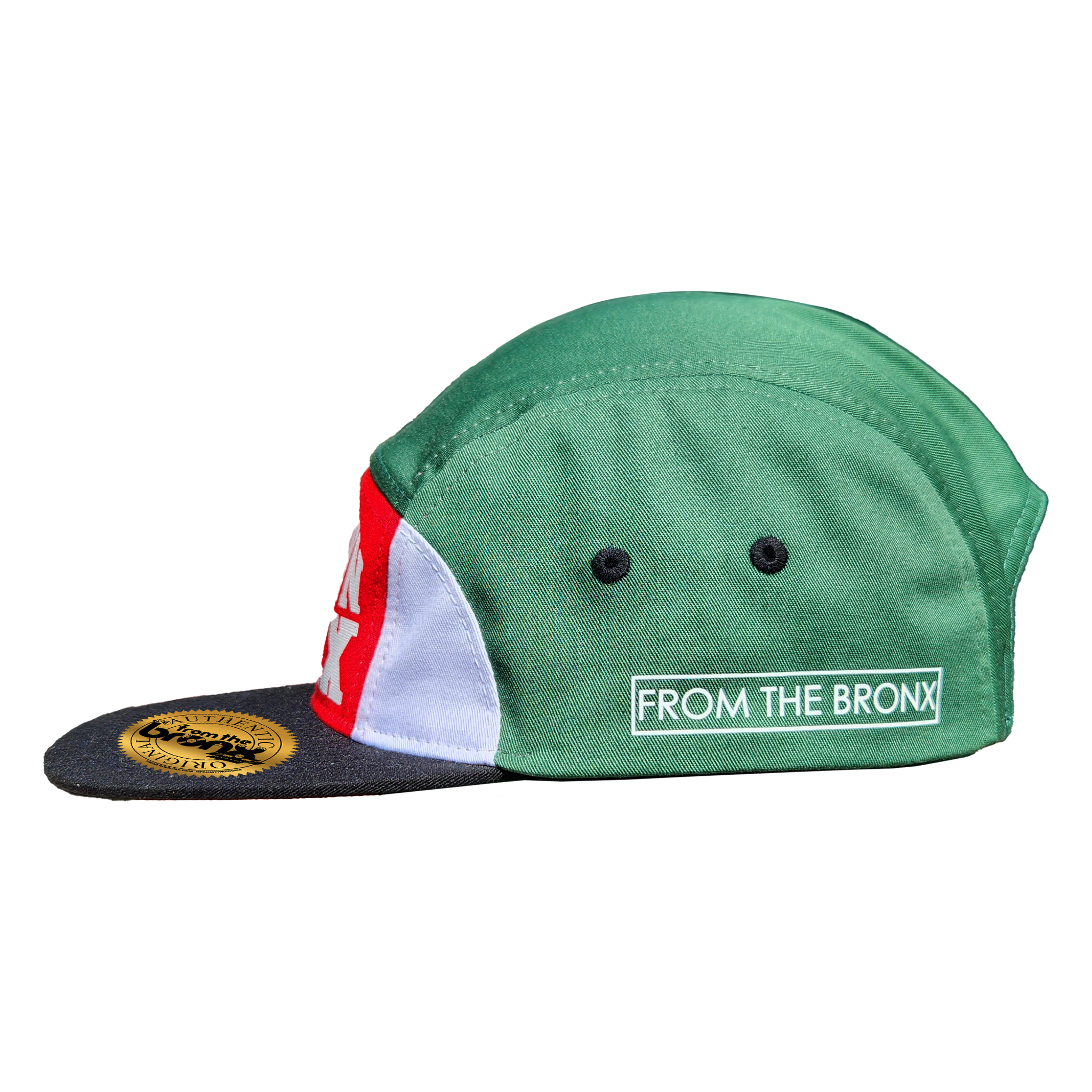 Boogie Down Bronx Green/Red/White/Black 7-Panel Hat (White Logo) Side