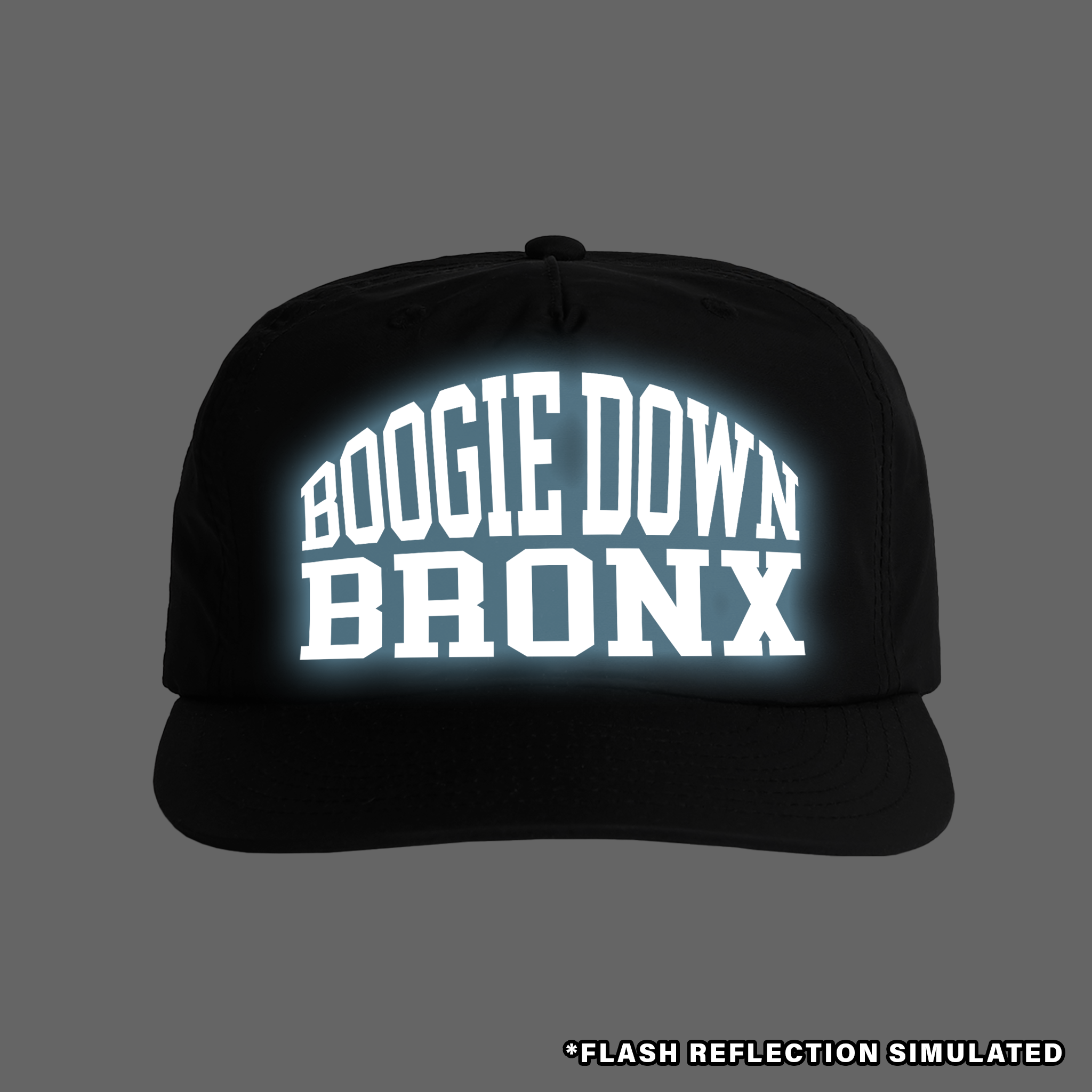 Boogie Down Bronx Reflective Surf Cap in Black Front with Simulated Reflection