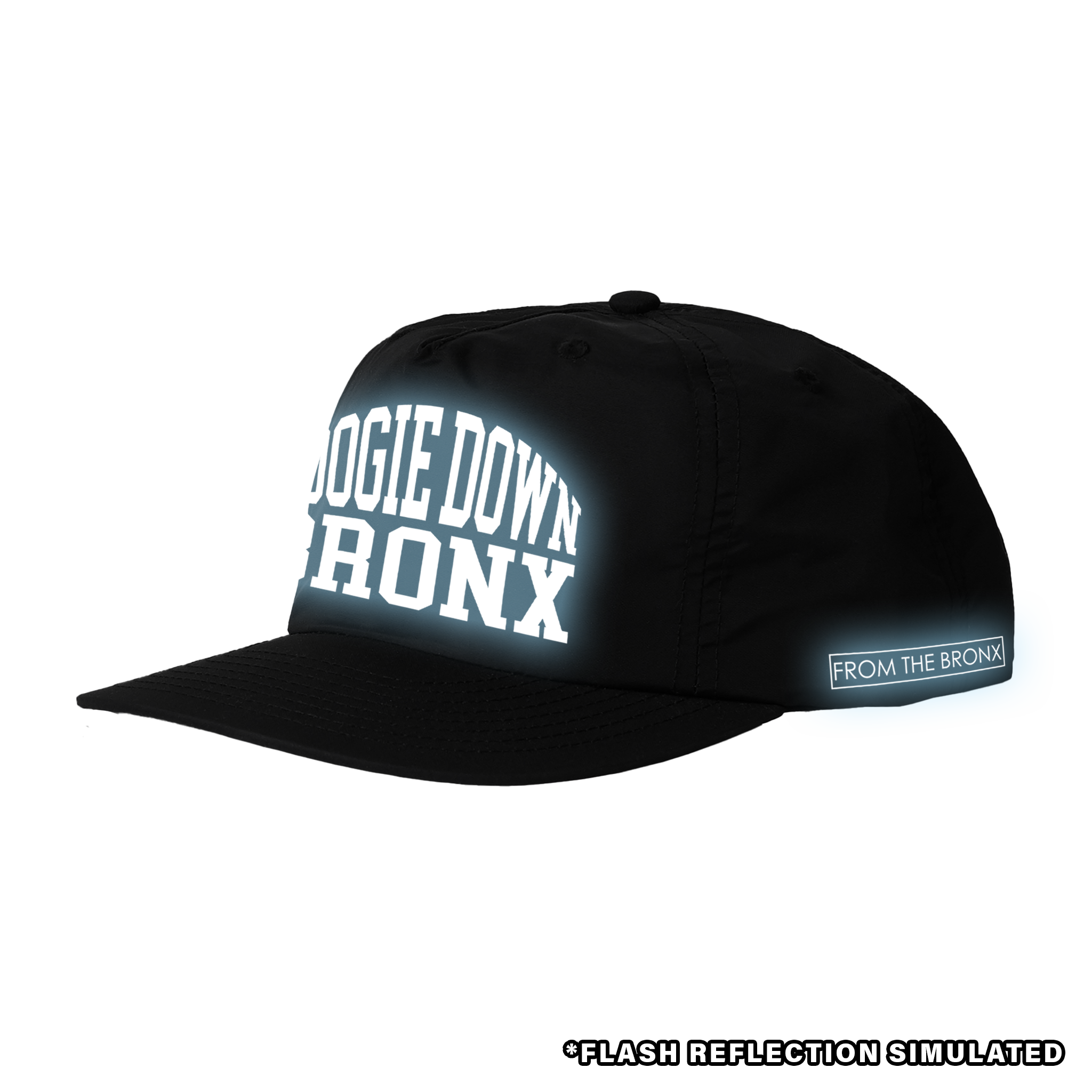 Boogie Down Bronx Reflective Surf Cap in Black Side with Simulated Reflection