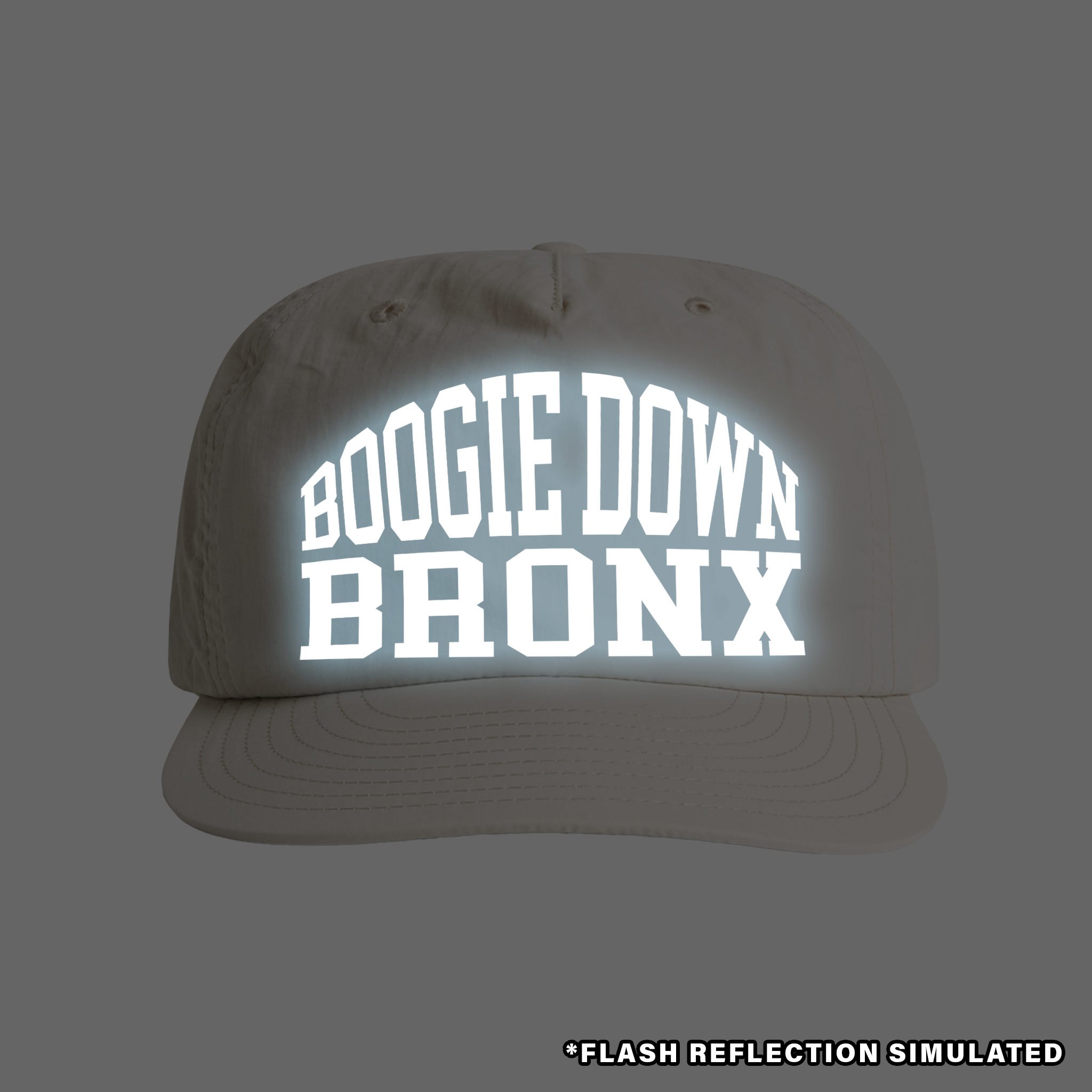 Boogie Down Bronx Reflective Surf Cap in Bone White Front with Simulated Reflection