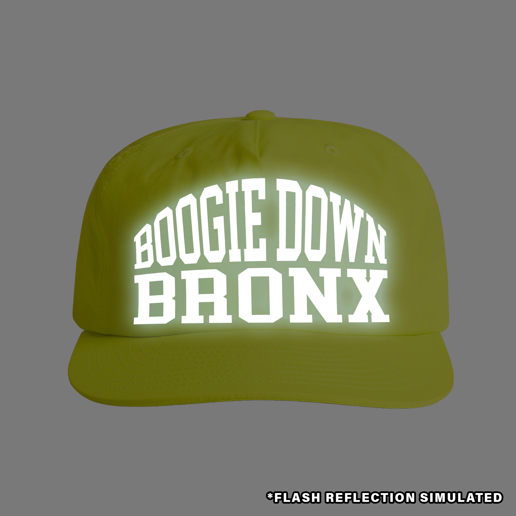 Boogie Down Bronx Reflective Surf Cap in Safety Yellow Front with Simulated Reflection