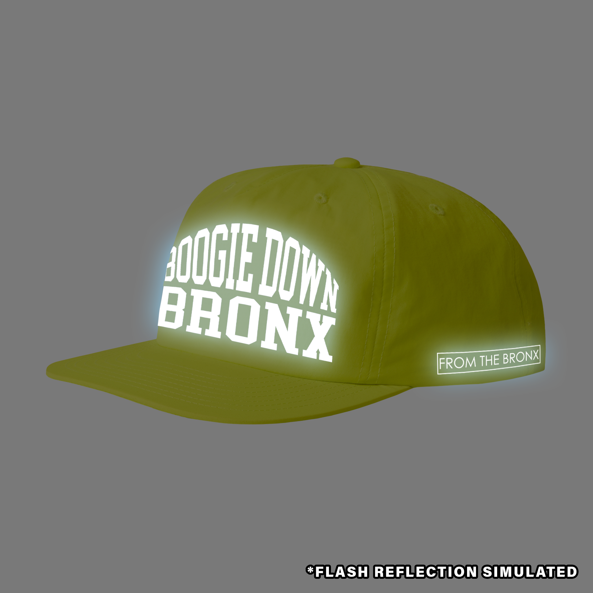 Boogie Down Bronx Reflective Surf Cap in Safety Yellow Side with Simulated Reflection