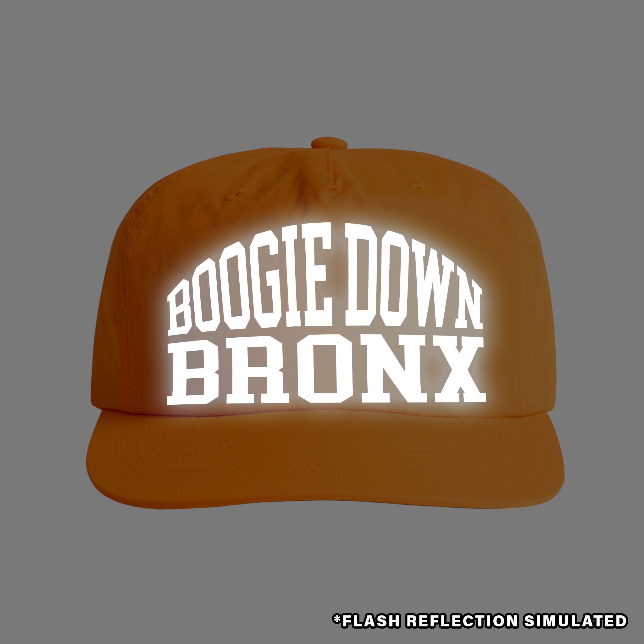 Boogie Down Bronx Reflective Surf Cap in Safety Orange Front with Simulated Reflection