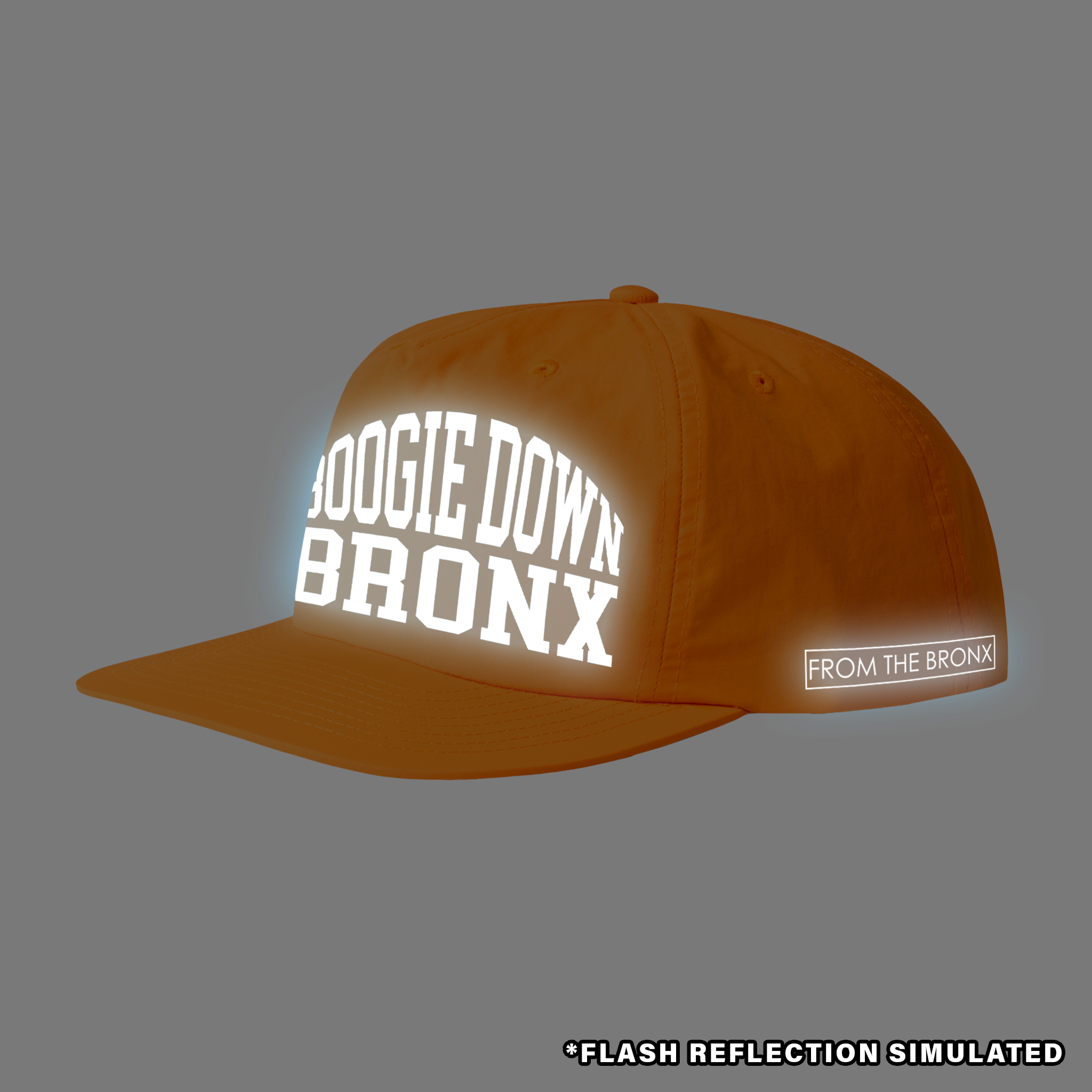 Boogie Down Bronx Reflective Surf Cap in Safety Orange Side with Simulated Reflection