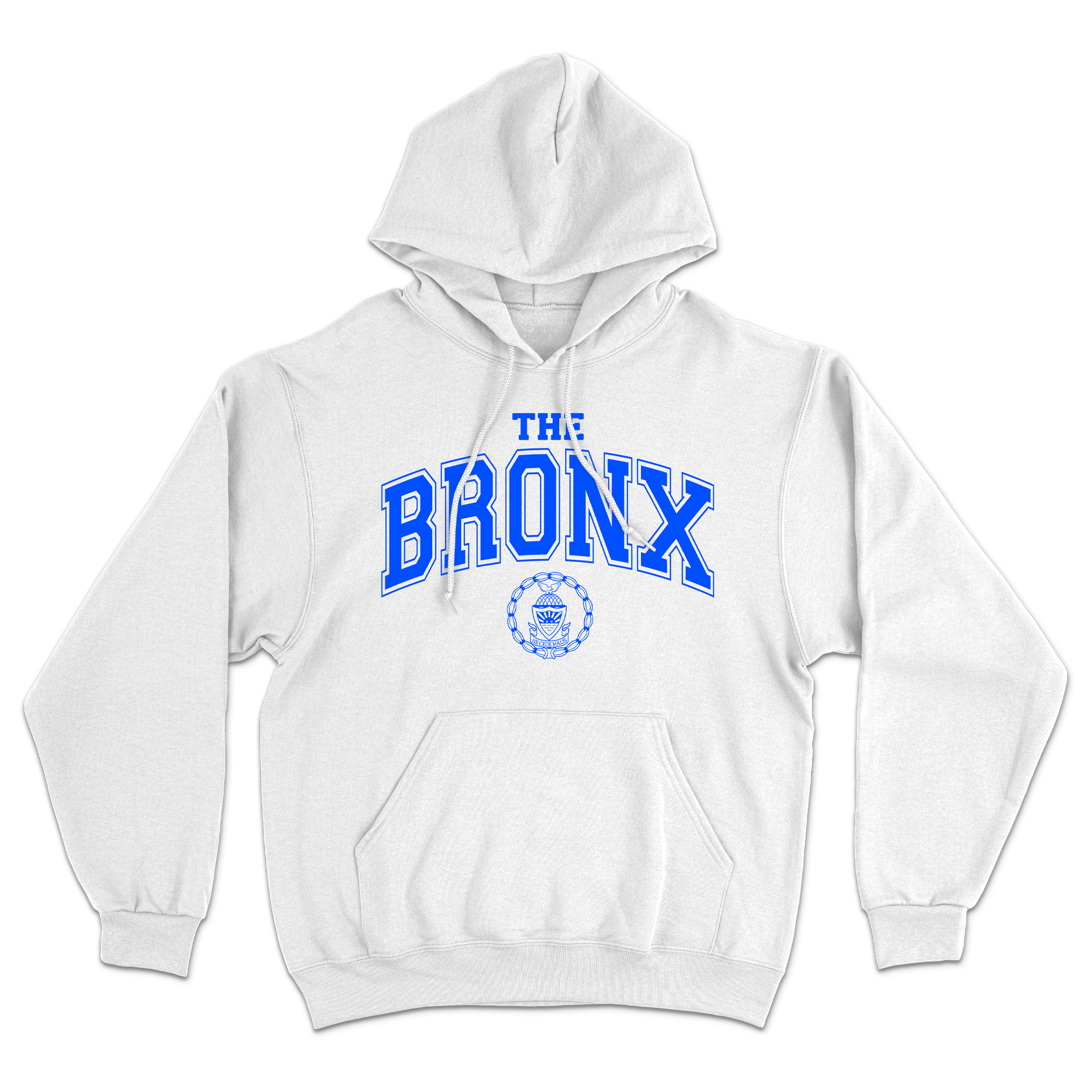 Bronx Collegiate Hoodie White with Blue Design Front