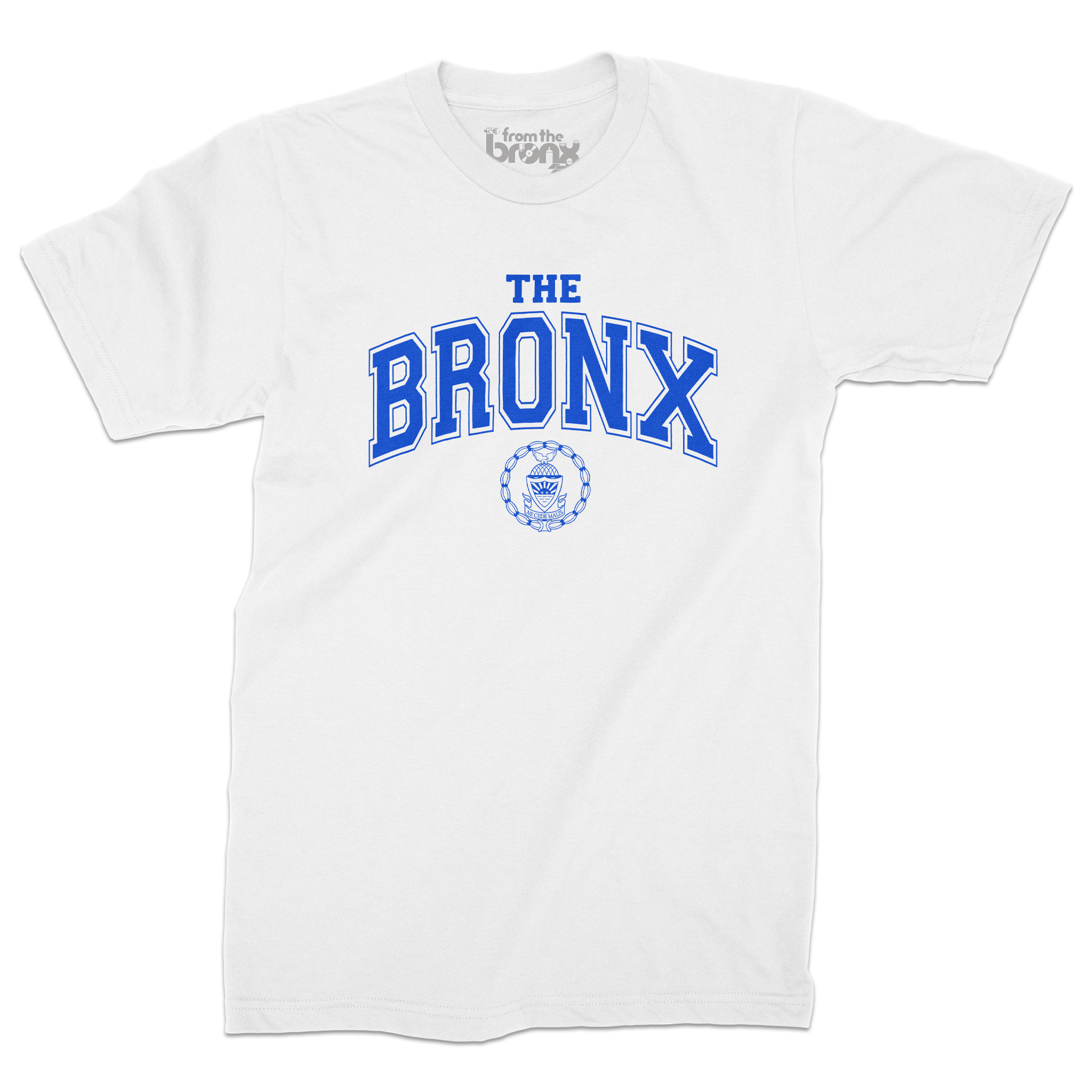 Bronx Collegiate White T-Shirt (Blue Logo) Front