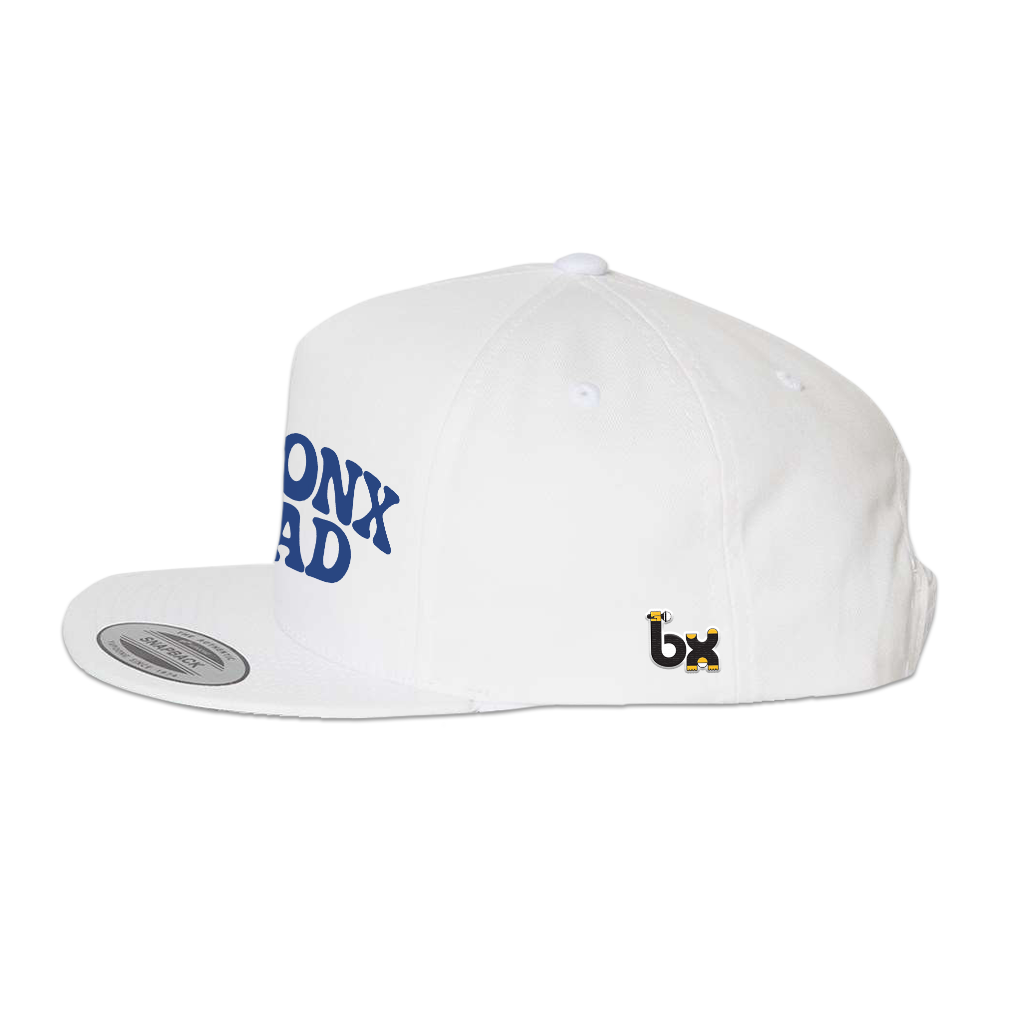Bronx Dad Snapback Hat White with Navy Blue Text Side