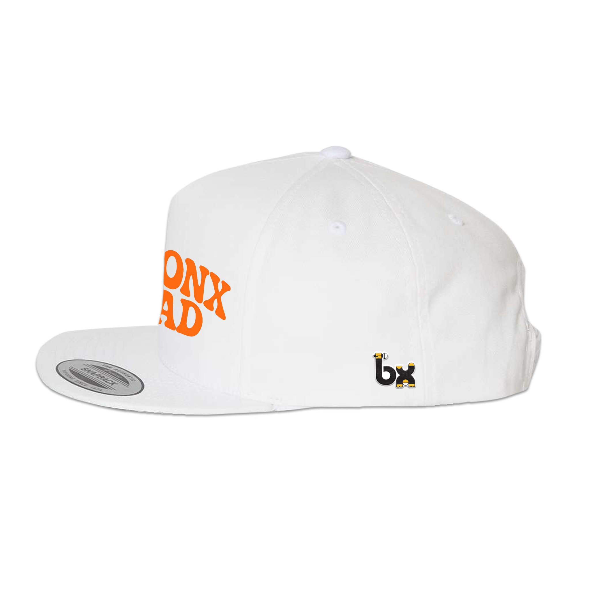 Bronx Dad Snapback Hat White with Orange Text Side