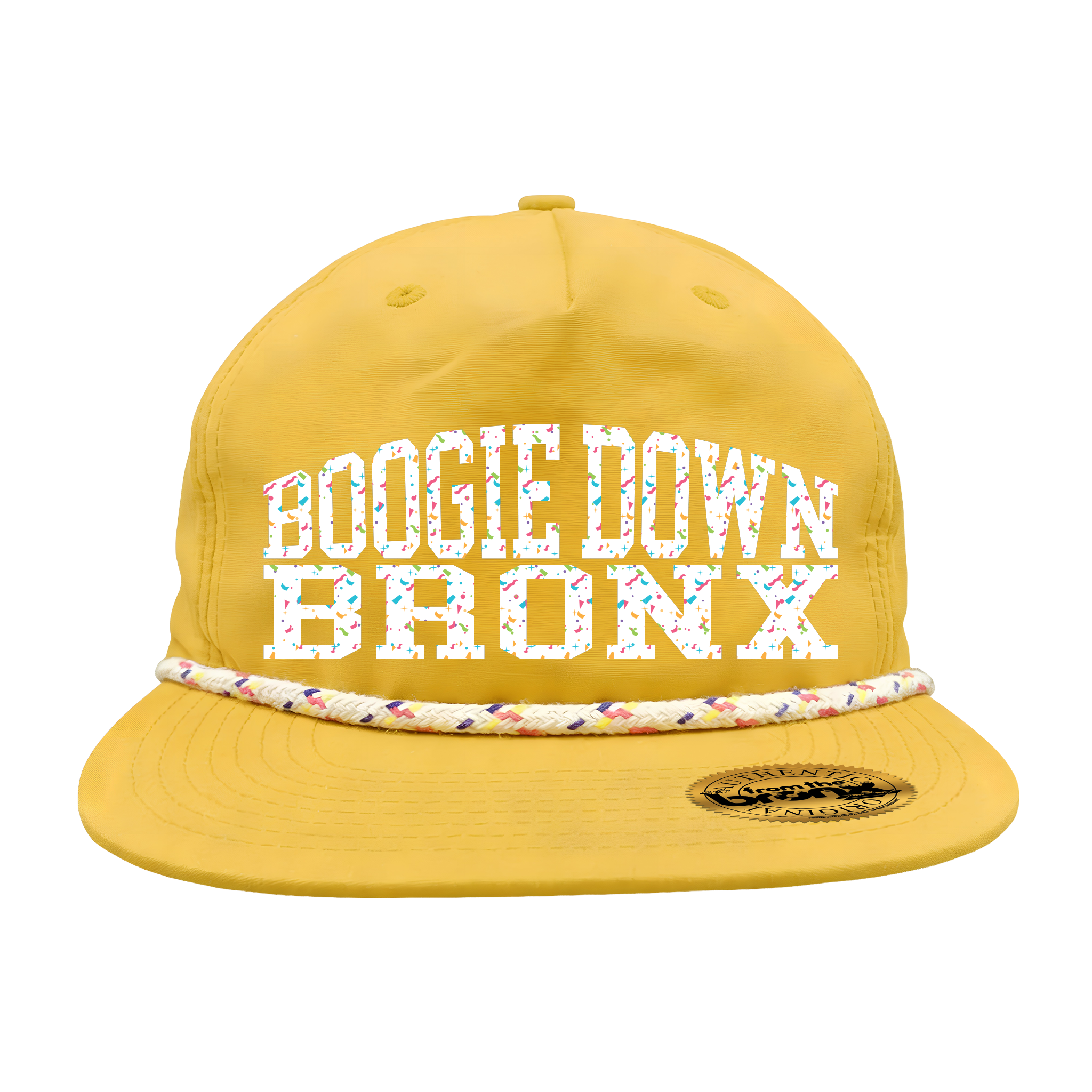 Boogie Down Bronx Yellow Granddad Hat (White Confetti Logo) Front