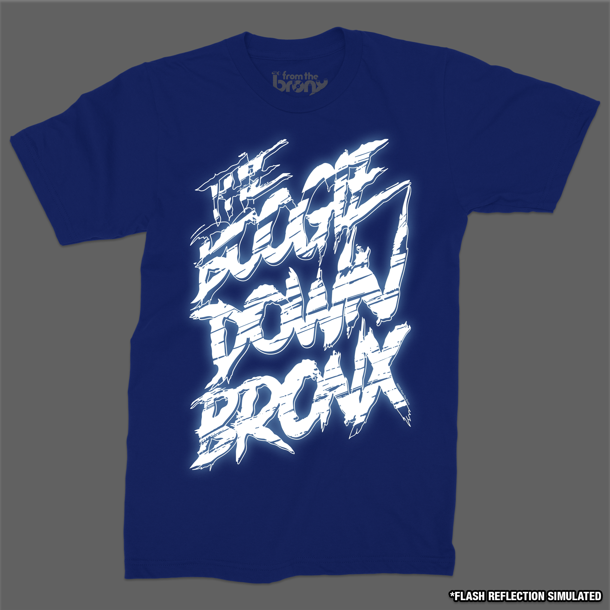 Boogie Down Bronx Reflective T-Shirt Front in Royal Blue with Simulated Reflection