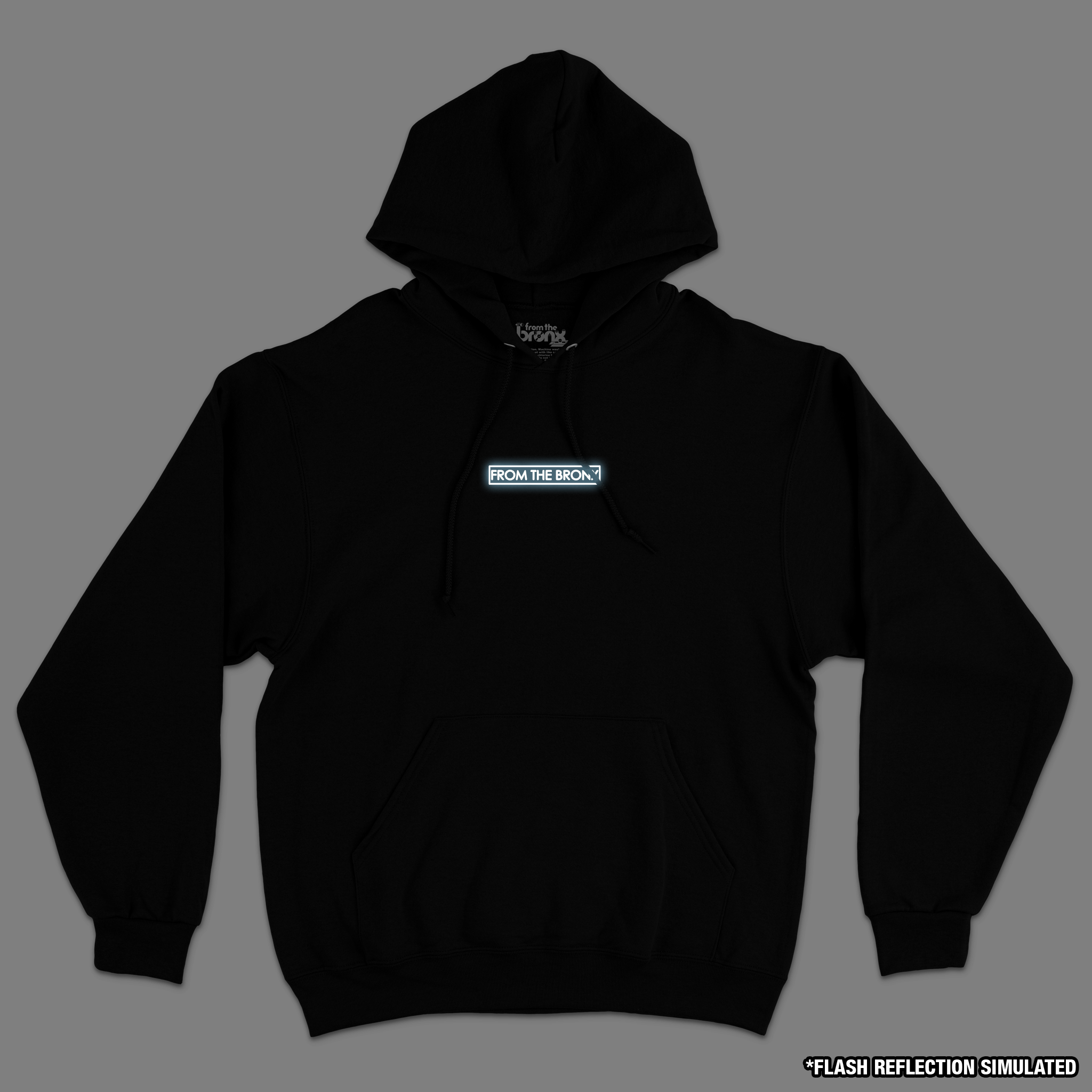 Boogie Down Bronx Reflective Mid Weight Pullover Hoodie Front in Black with Simulated Reflection