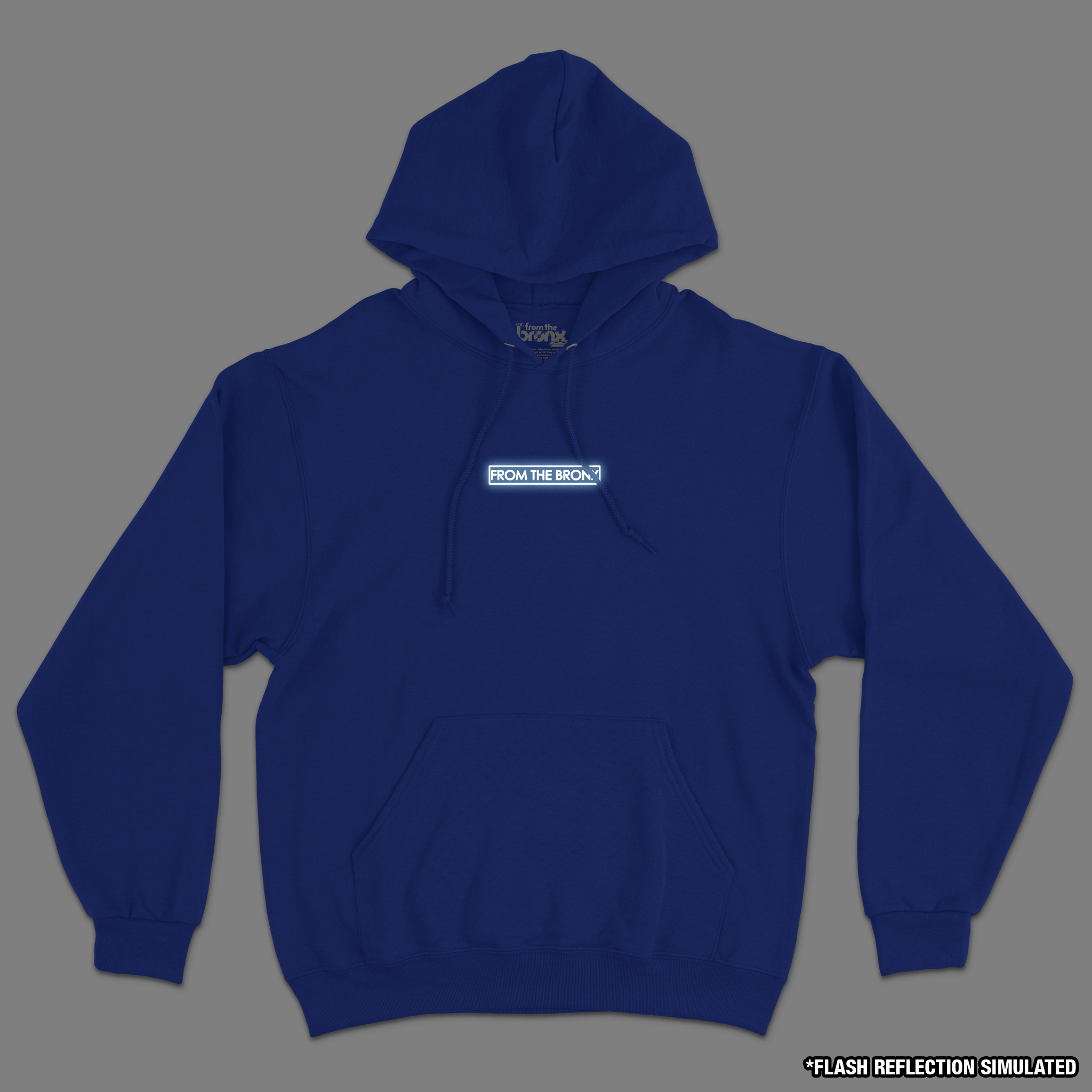 Boogie Down Bronx Reflective Mid Weight Pullover Hoodie Front in Royal Blue with Simulated Flash