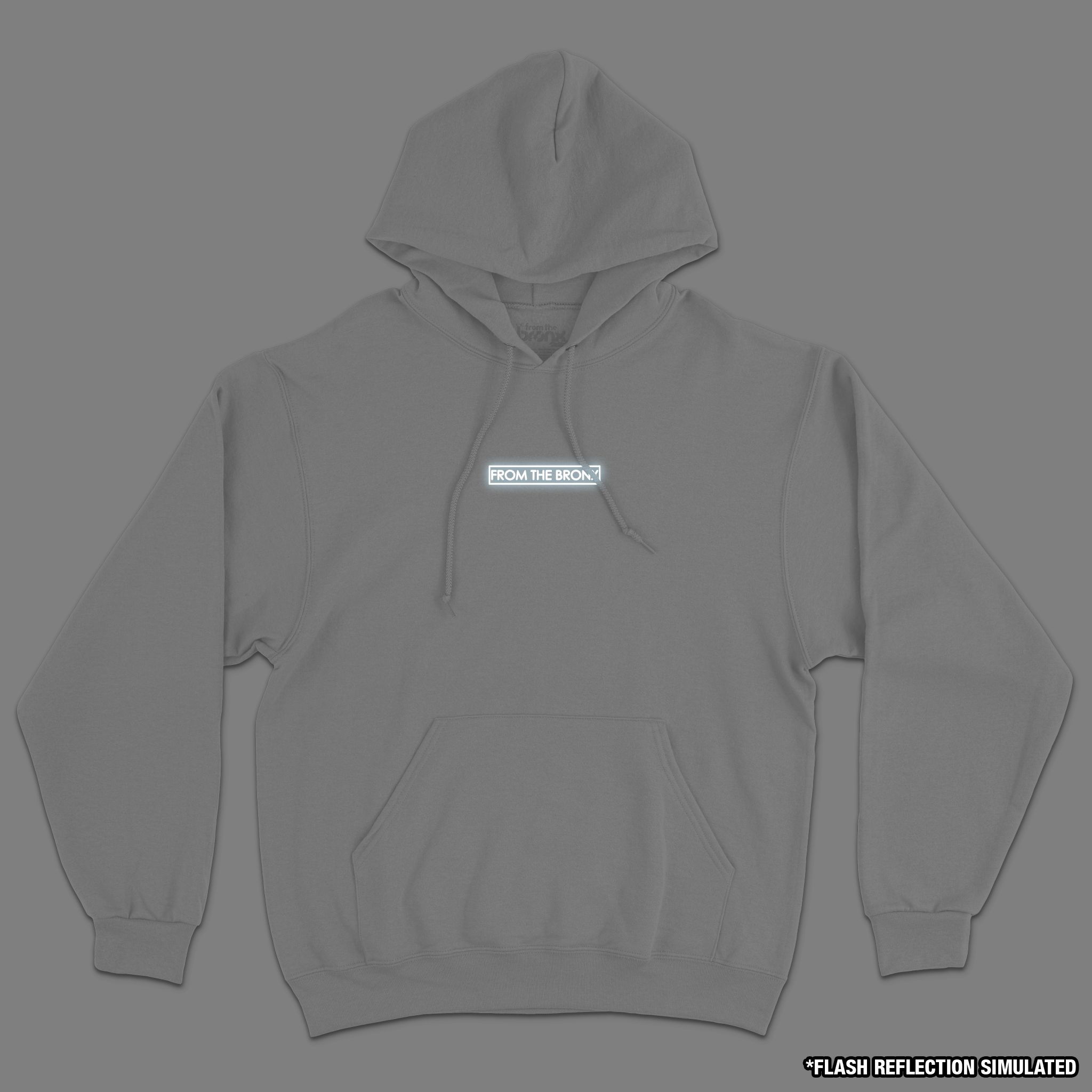 Boogie Down Bronx Reflective Mid Weight Pullover Hoodie Front in White with Simulated Reflection