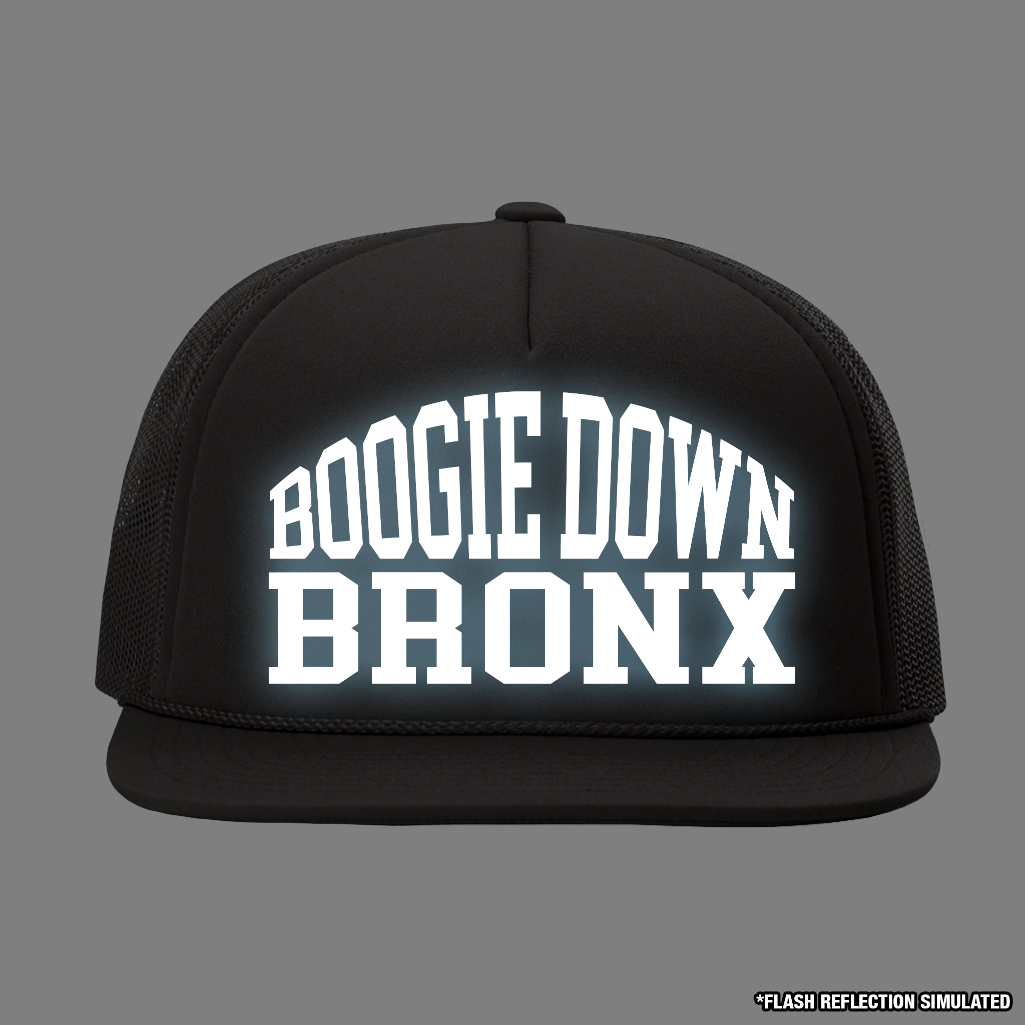 Boogie Down Bronx Reflective Trucker Hat Front with Simulated Reflection