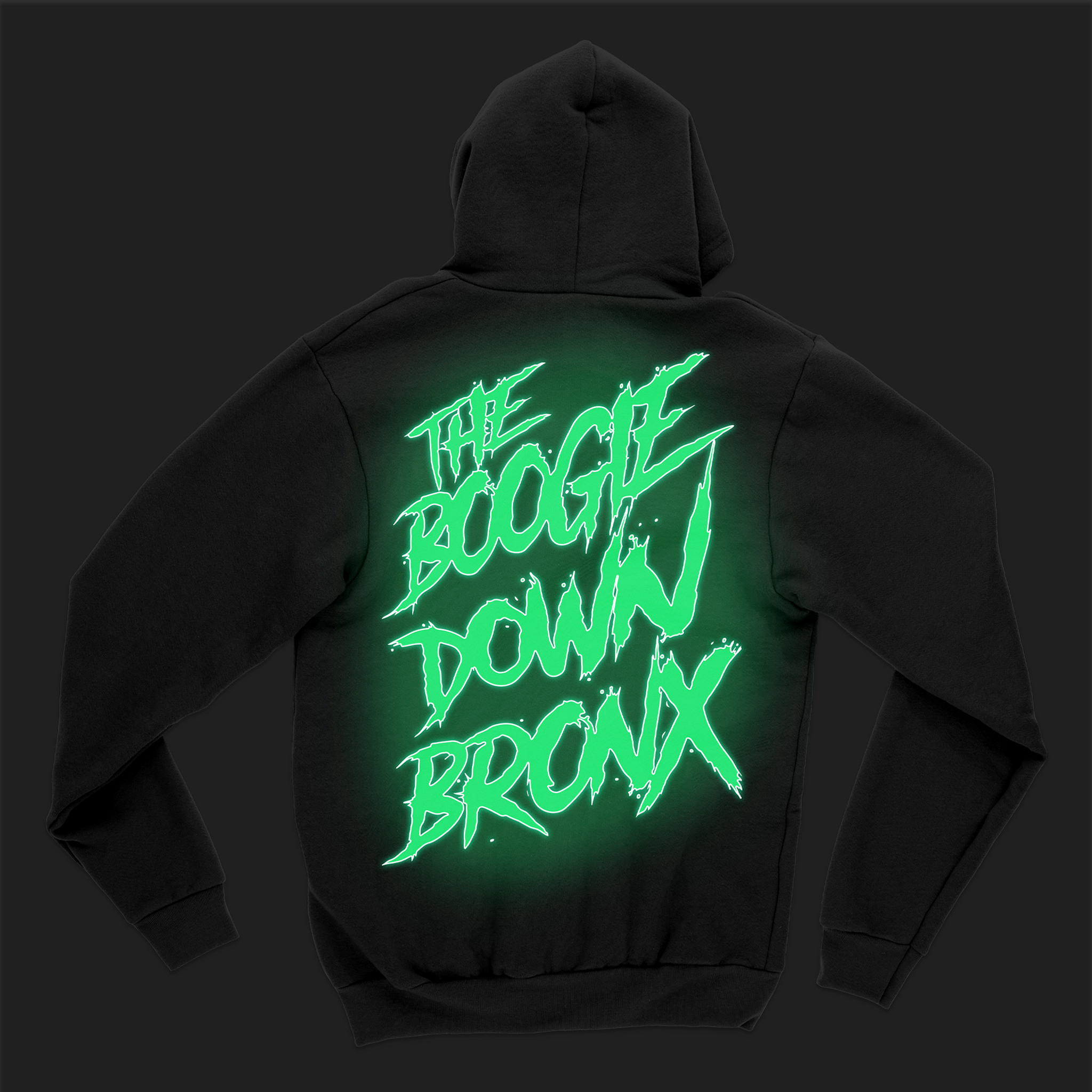 Boogie Down Bronx Zip Up Hoodie Back in Black with Glow in the Dark Print Glowing
